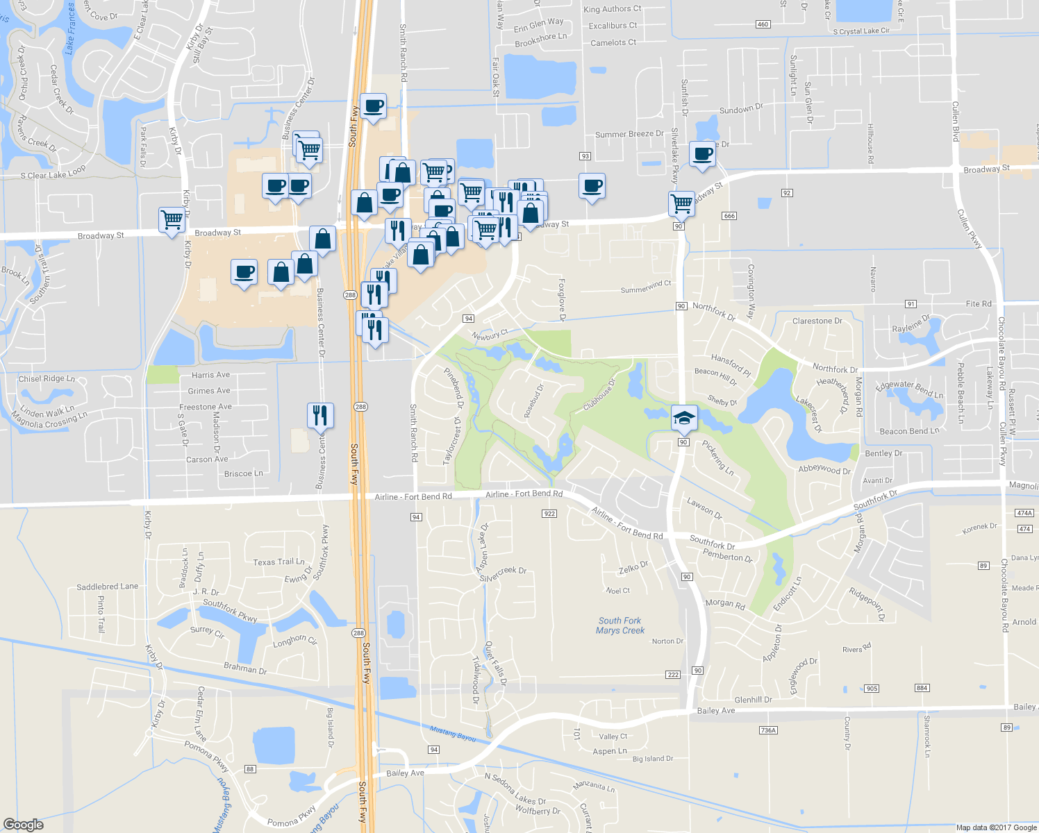 map of restaurants, bars, coffee shops, grocery stores, and more near 2809 Sable Drive in Pearland