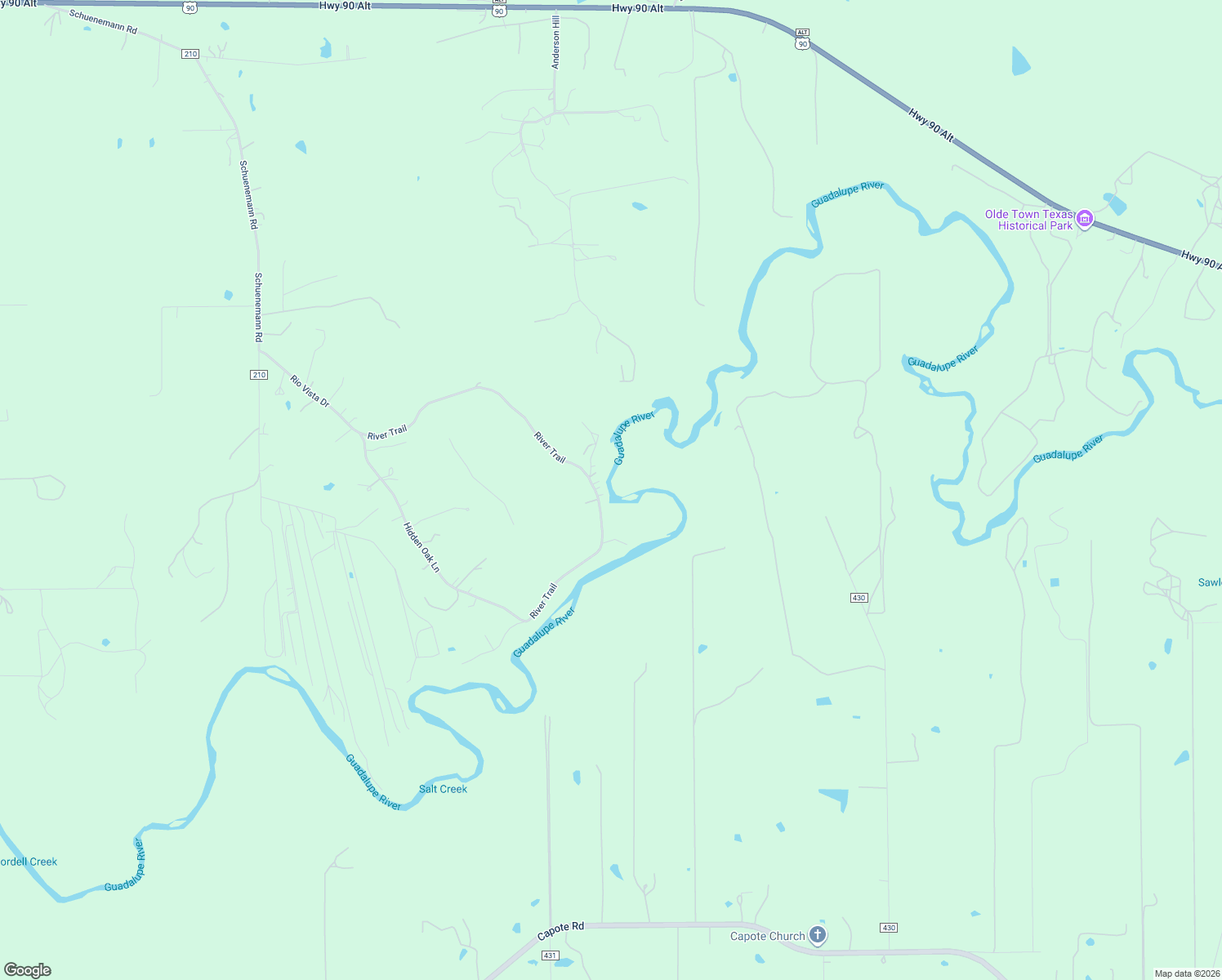 map of restaurants, bars, coffee shops, grocery stores, and more near 1038 River Trail in Seguin