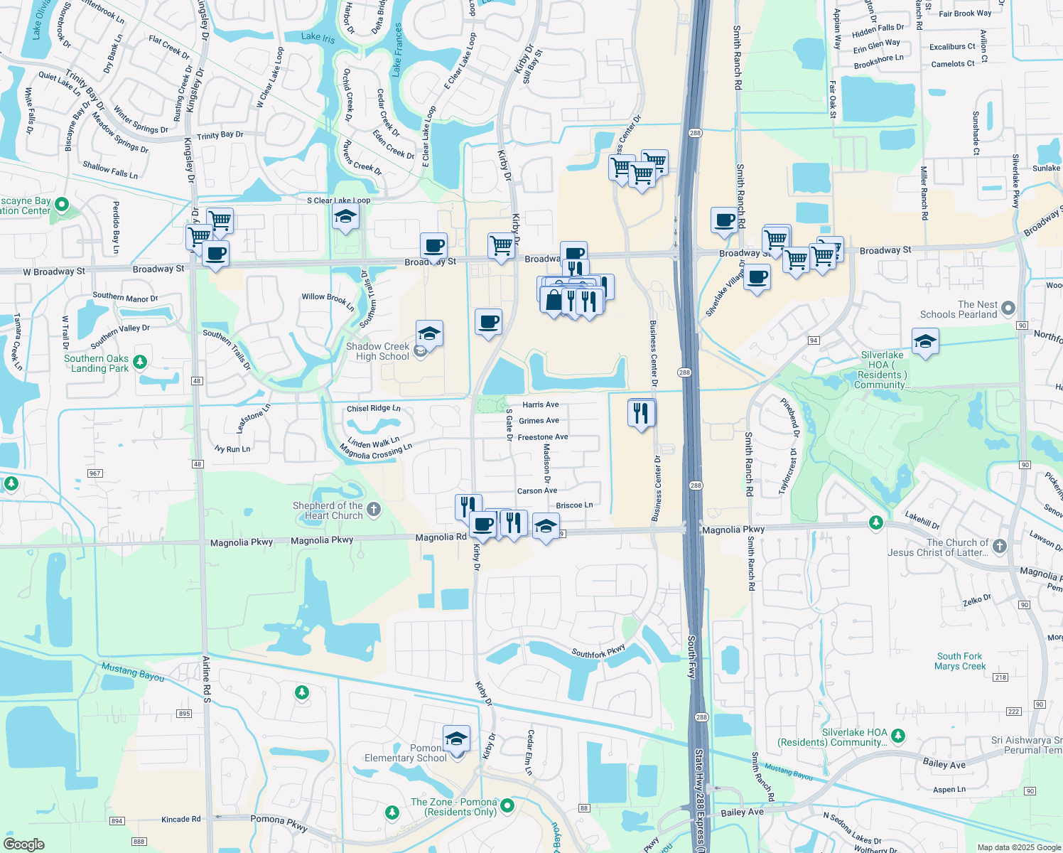 map of restaurants, bars, coffee shops, grocery stores, and more near 11406 Grimes Avenue in Pearland