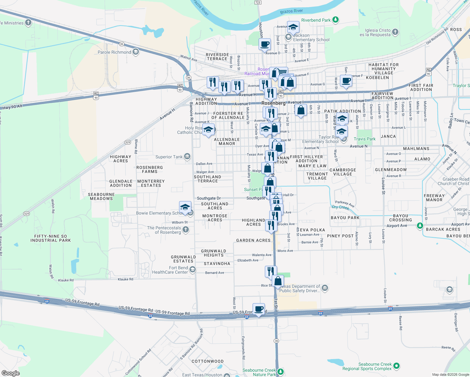 map of restaurants, bars, coffee shops, grocery stores, and more near 2027 West Street in Rosenberg