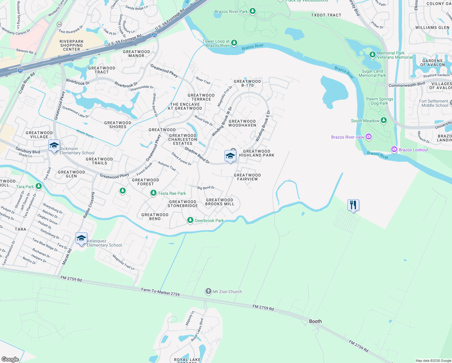 map of restaurants, bars, coffee shops, grocery stores, and more near 1503 Leaf Springs Court in Sugar Land