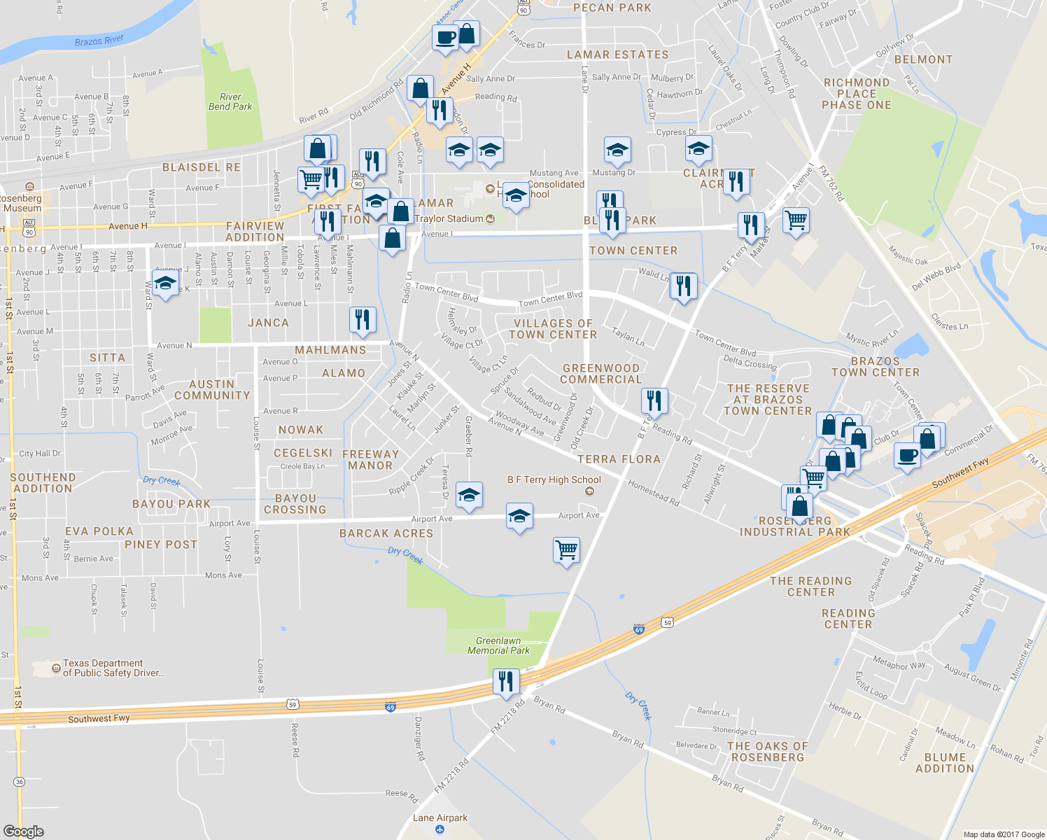 map of restaurants, bars, coffee shops, grocery stores, and more near 4717 Woodway Avenue in Rosenberg
