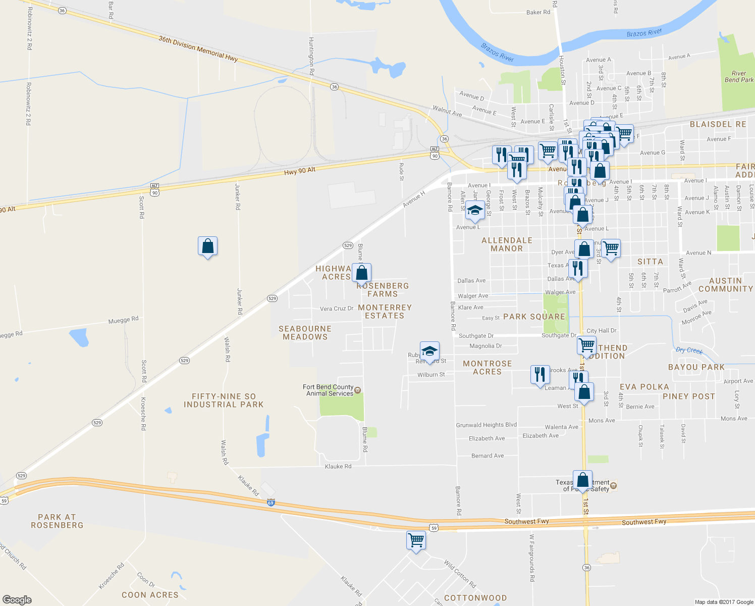 map of restaurants, bars, coffee shops, grocery stores, and more near 125 Vera Cruz Drive in Rosenberg