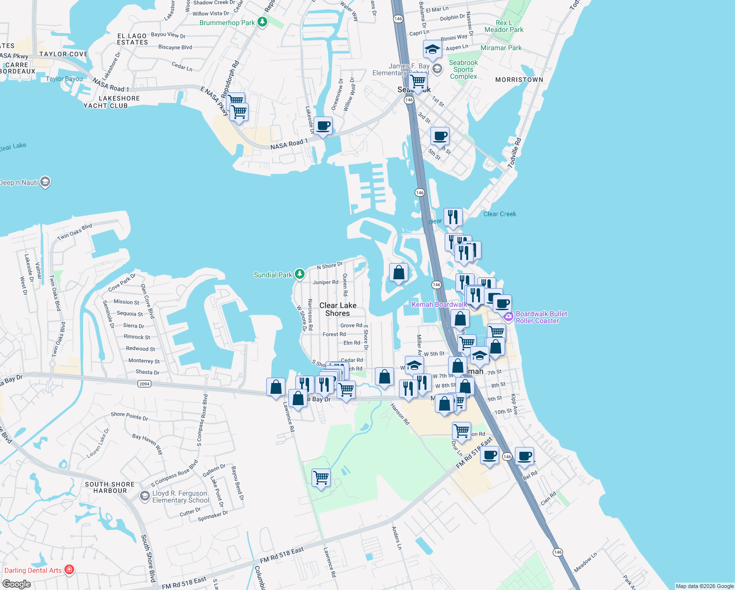 map of restaurants, bars, coffee shops, grocery stores, and more near 221 Blue Point Rd in Kemah