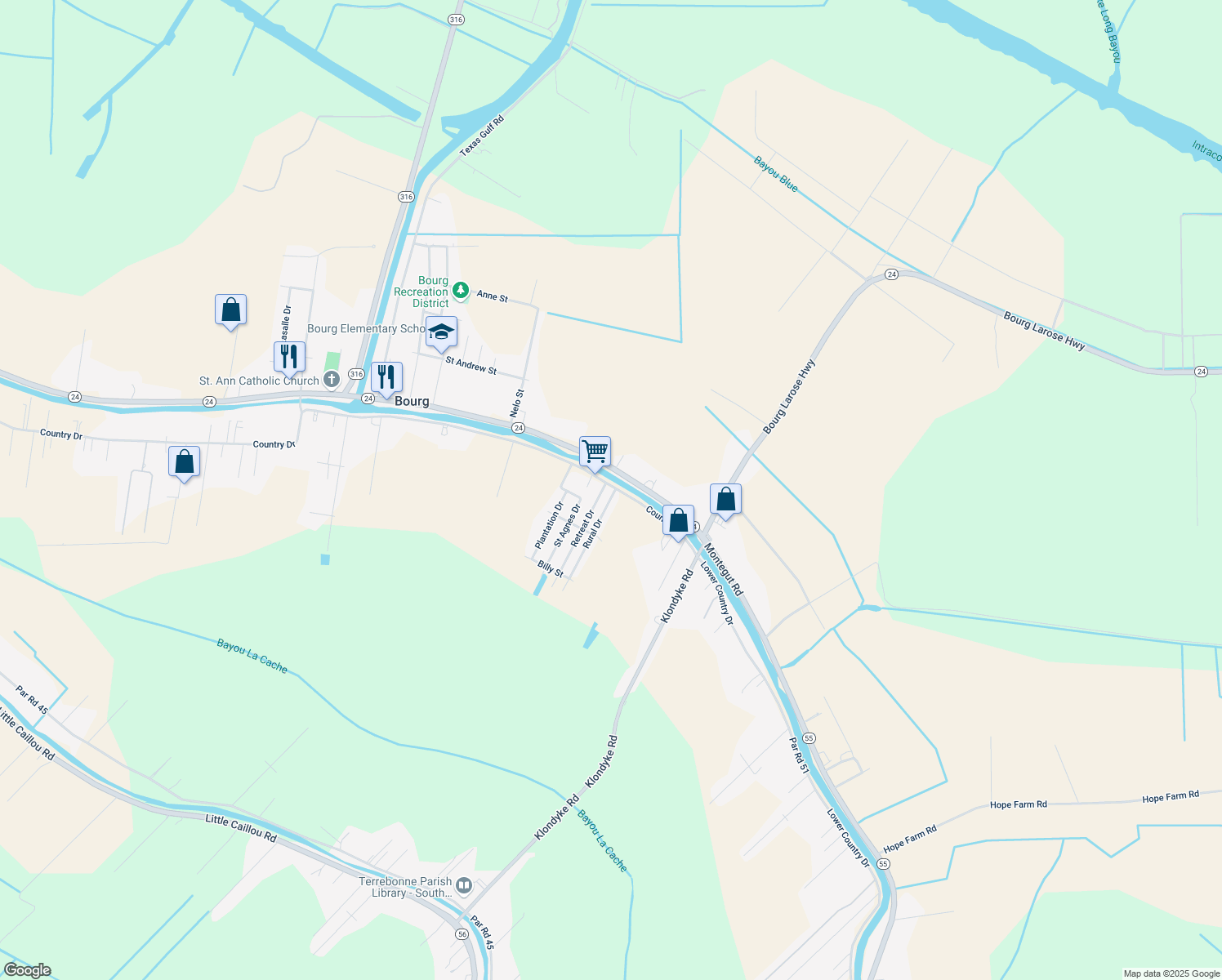 map of restaurants, bars, coffee shops, grocery stores, and more near 100 Rural Drive in Bourg