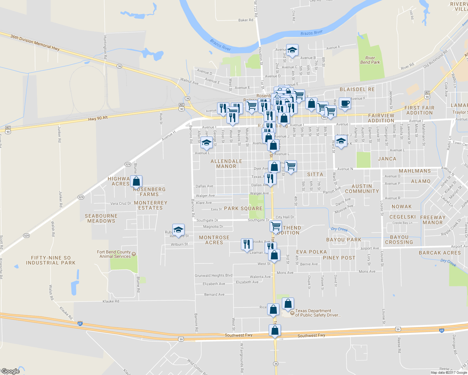 map of restaurants, bars, coffee shops, grocery stores, and more near 1803 West Street in Rosenberg