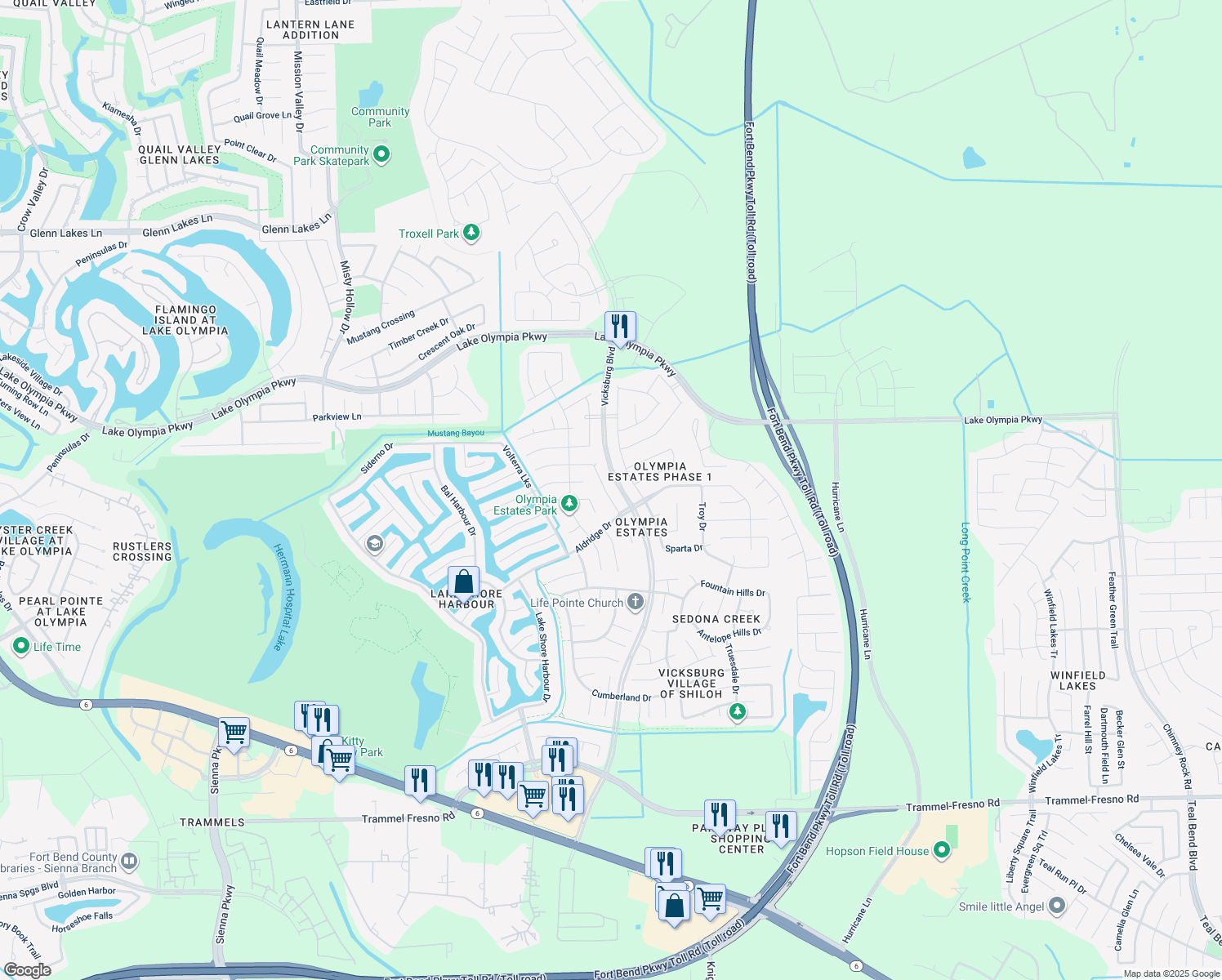 map of restaurants, bars, coffee shops, grocery stores, and more near 2603 Atlas Drive in Missouri City