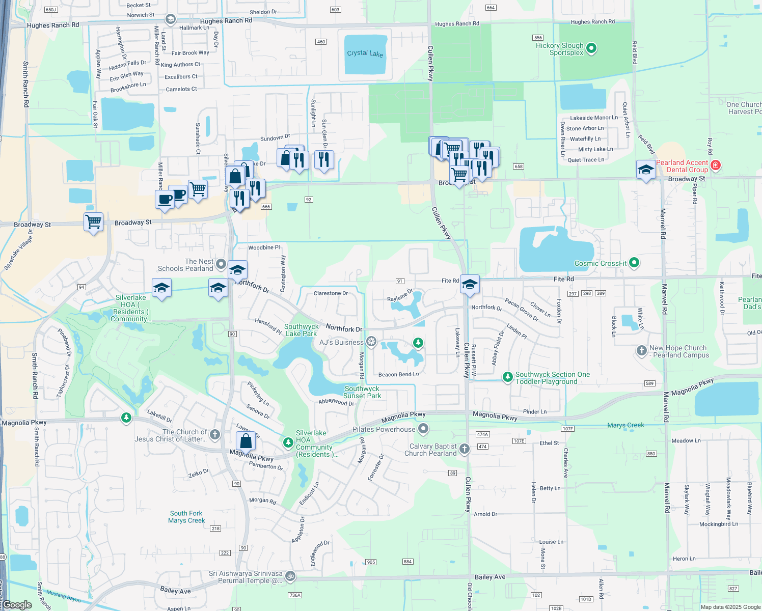 map of restaurants, bars, coffee shops, grocery stores, and more near 3206 Princess Bay Court in Pearland