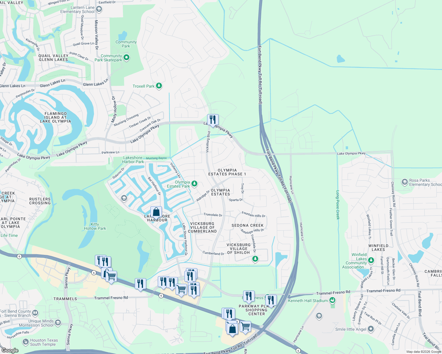 map of restaurants, bars, coffee shops, grocery stores, and more near 3419 Oaklawn Pl Dr in Missouri City