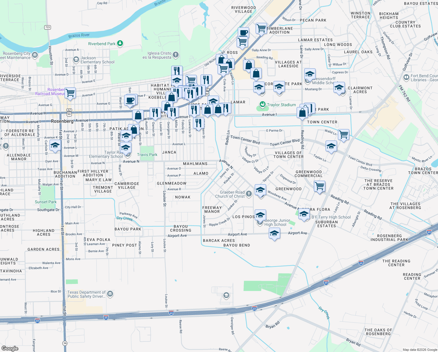 map of restaurants, bars, coffee shops, grocery stores, and more near 1704 Jones Street in Rosenberg
