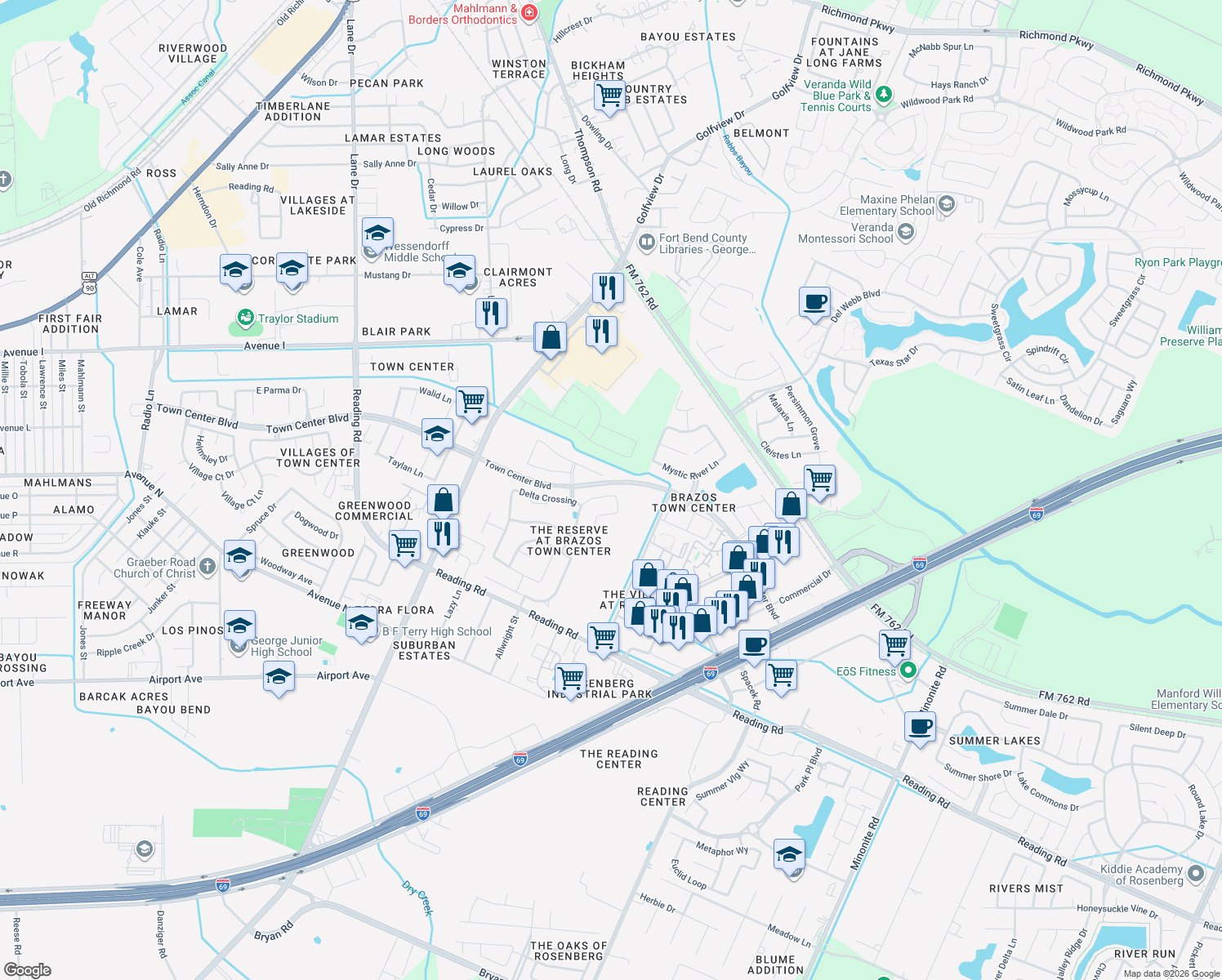 map of restaurants, bars, coffee shops, grocery stores, and more near 1306 Ellis Grove Ln in Rosenberg