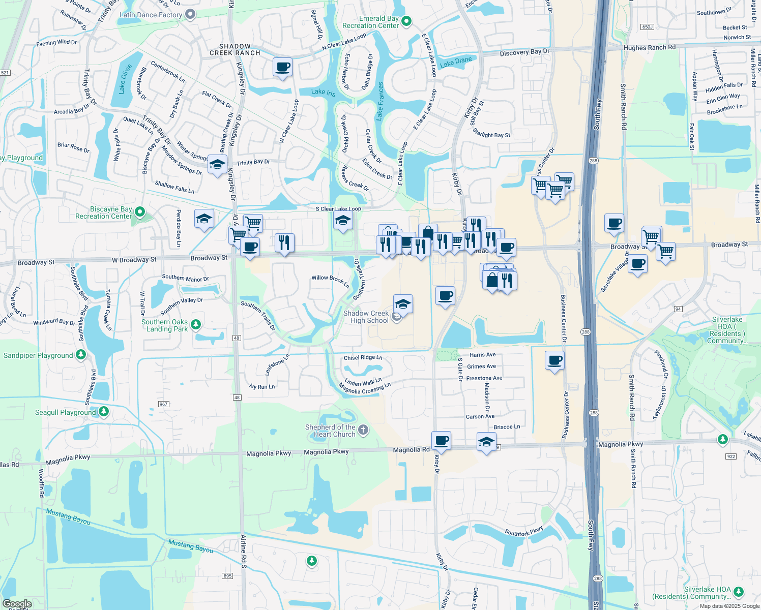 map of restaurants, bars, coffee shops, grocery stores, and more near 11902 Auburn Trail Ln in Pearland
