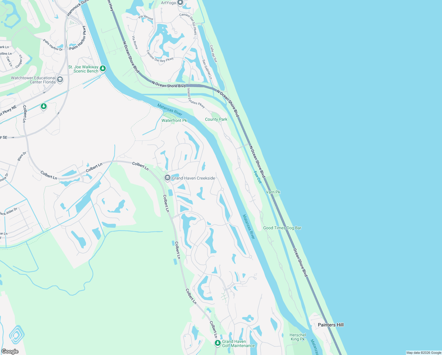 map of restaurants, bars, coffee shops, grocery stores, and more near 9 Front Street in Palm Coast