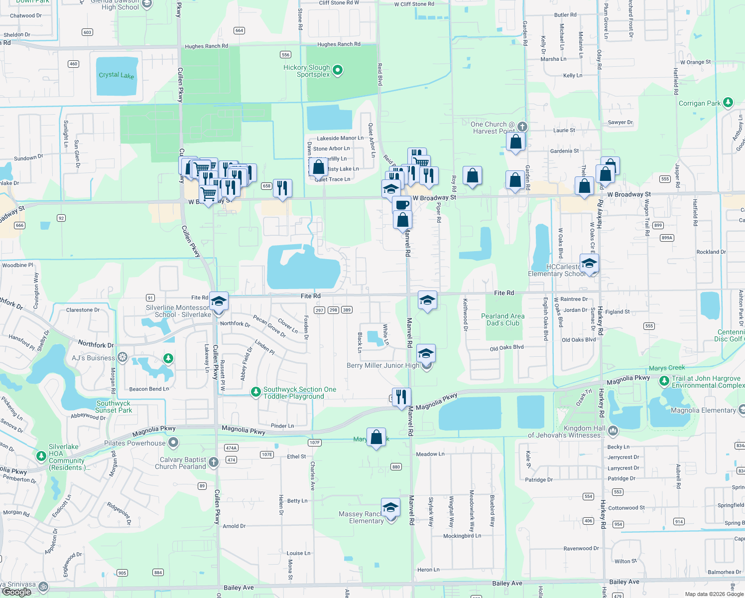 map of restaurants, bars, coffee shops, grocery stores, and more near 7317 Newport Lane in Pearland