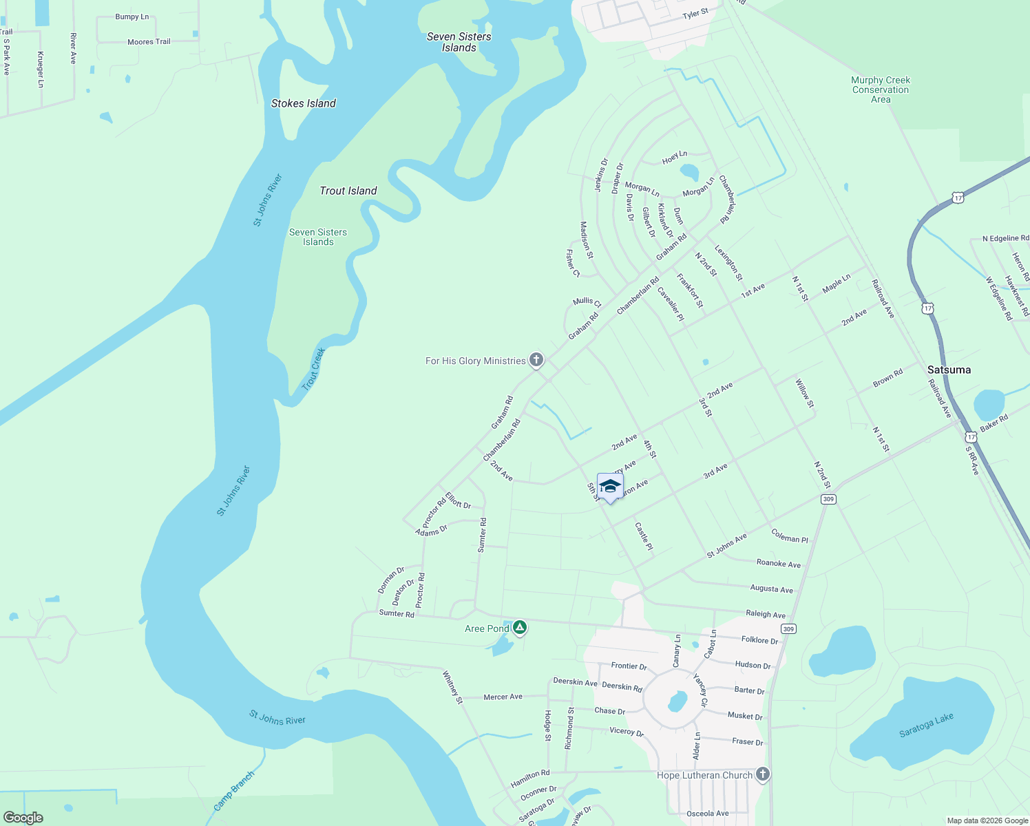 map of restaurants, bars, coffee shops, grocery stores, and more near 423 Chamberlain Road in Satsuma