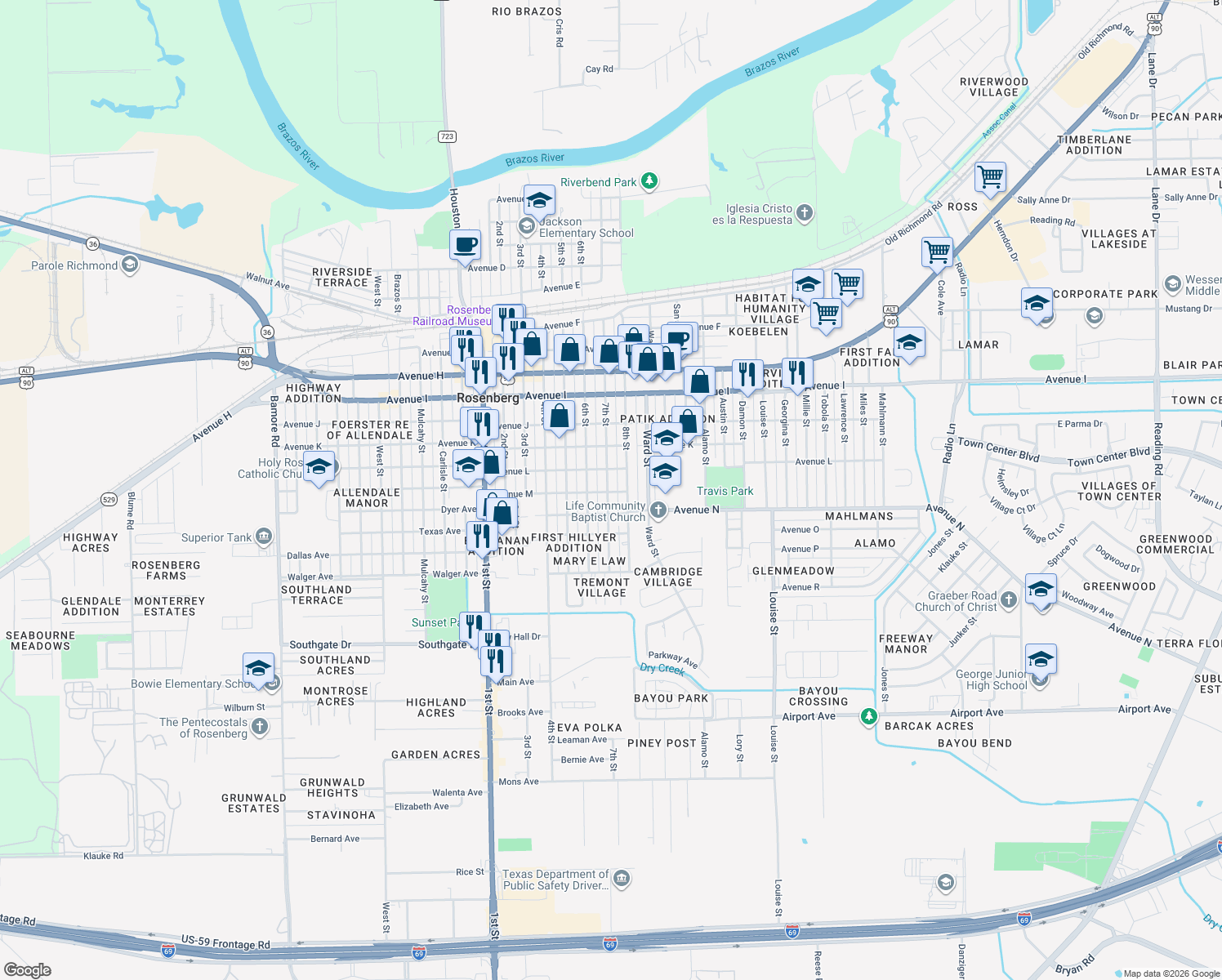 map of restaurants, bars, coffee shops, grocery stores, and more near 2409 Avenue M in Rosenberg