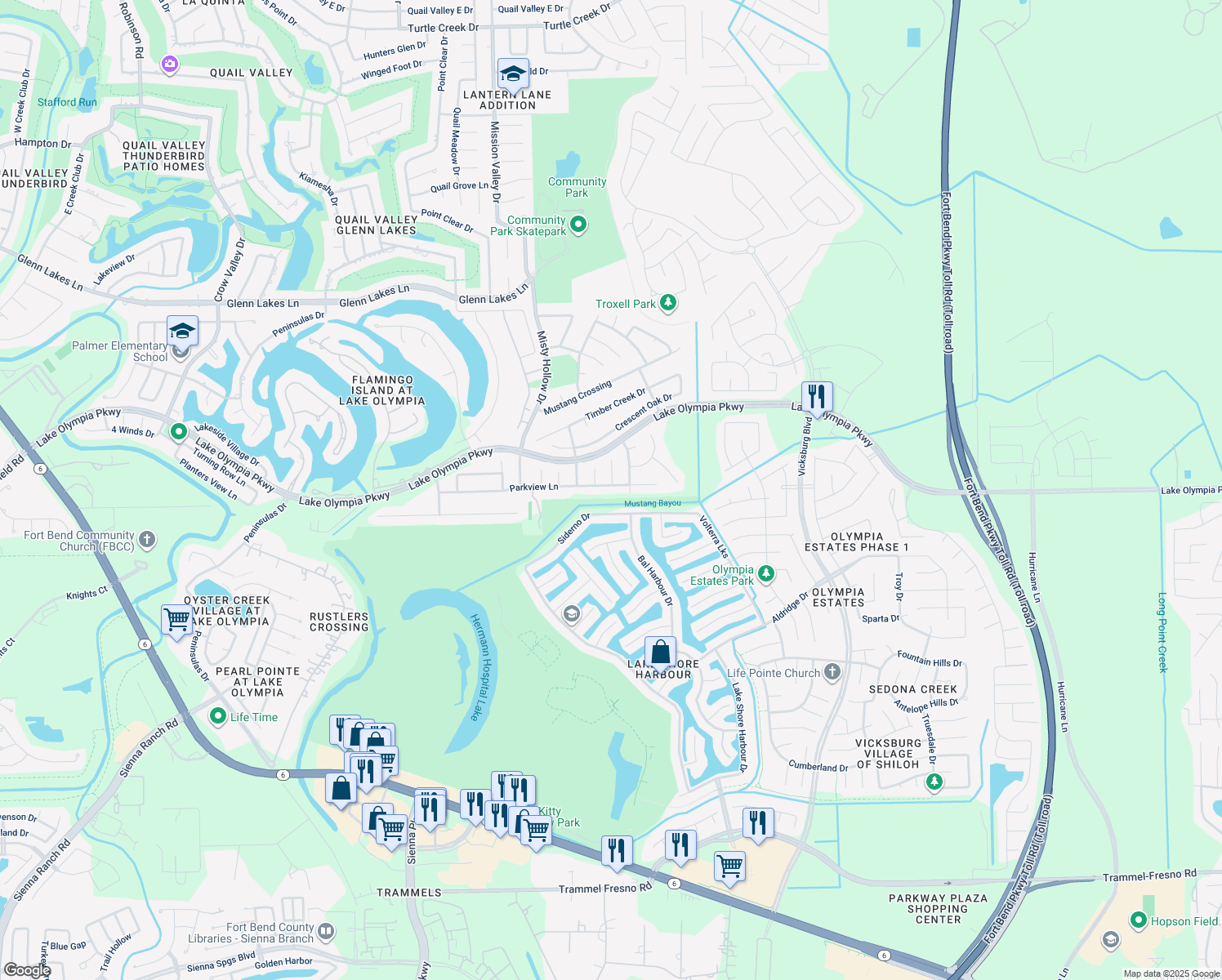 map of restaurants, bars, coffee shops, grocery stores, and more near 1719 Parkview Lane in Missouri City