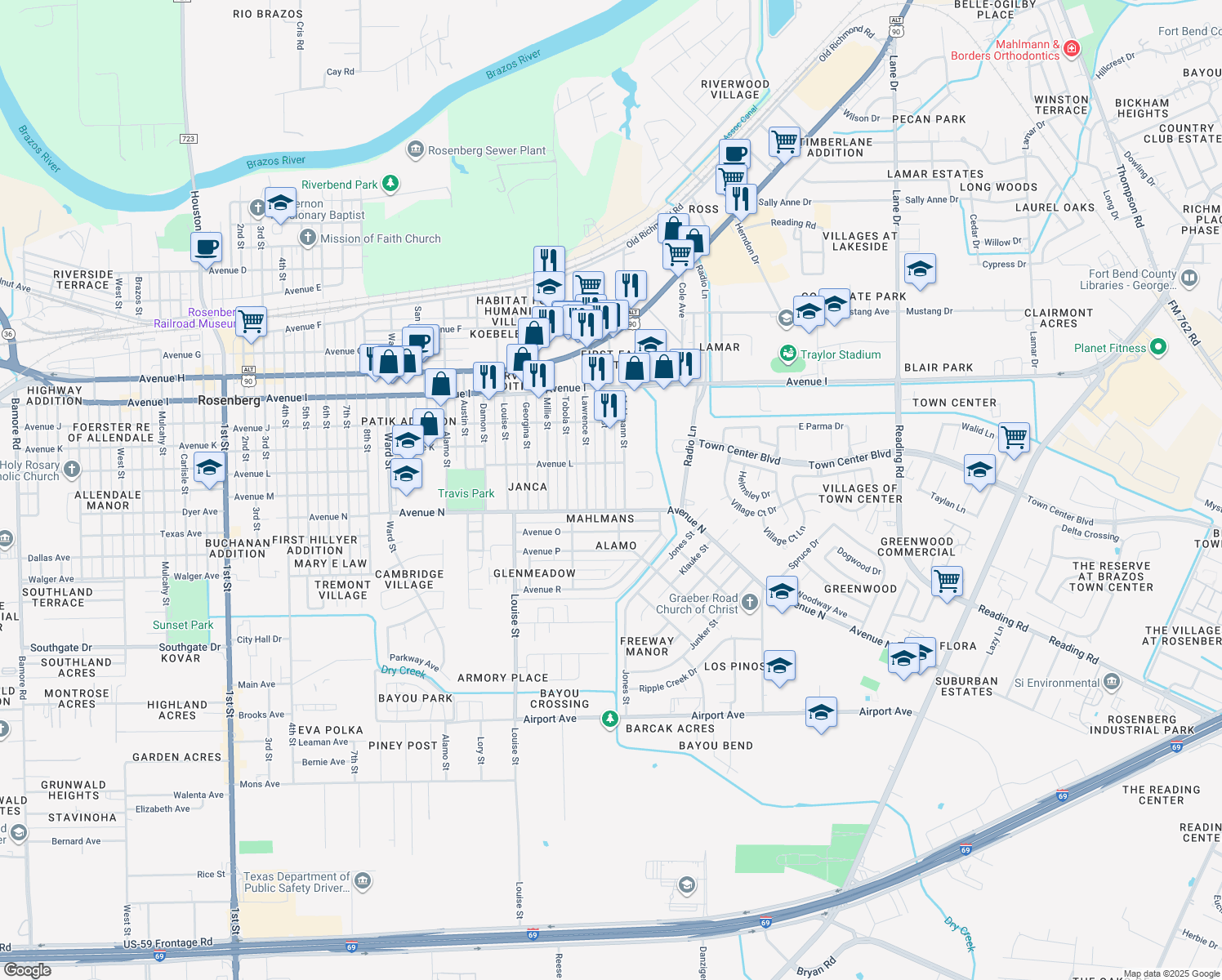 map of restaurants, bars, coffee shops, grocery stores, and more near 1509 Miles Street in Rosenberg