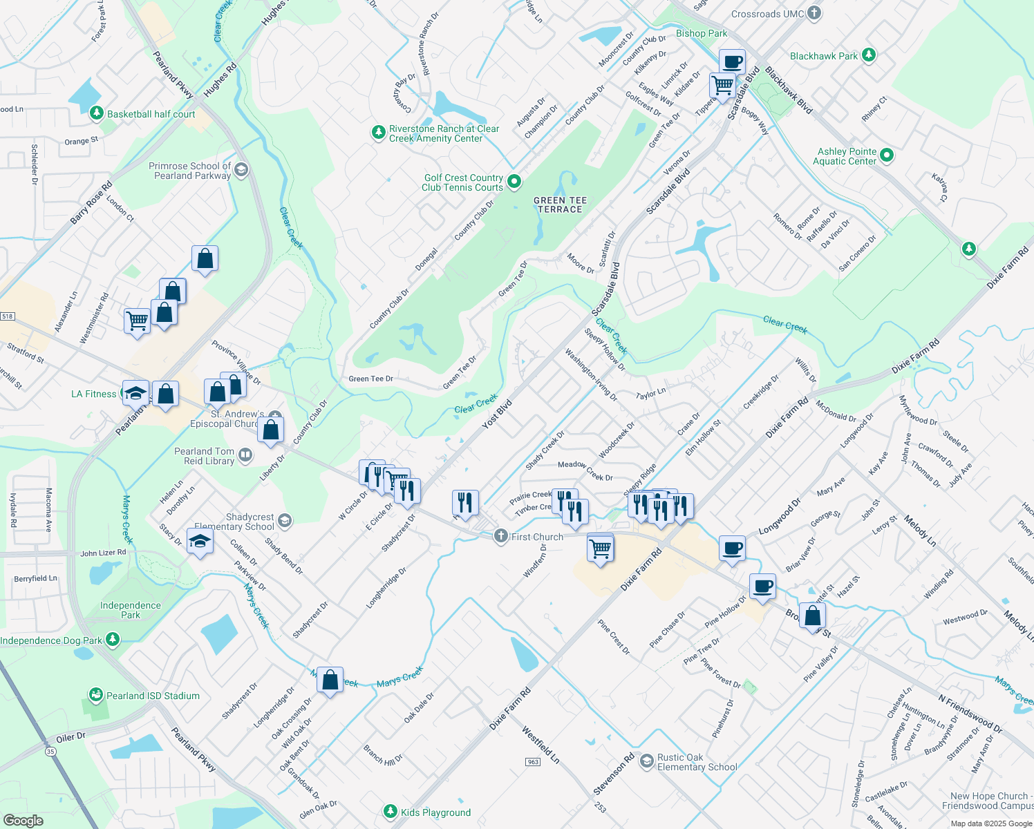 map of restaurants, bars, coffee shops, grocery stores, and more near 2107 Moss Creek Lane in Pearland