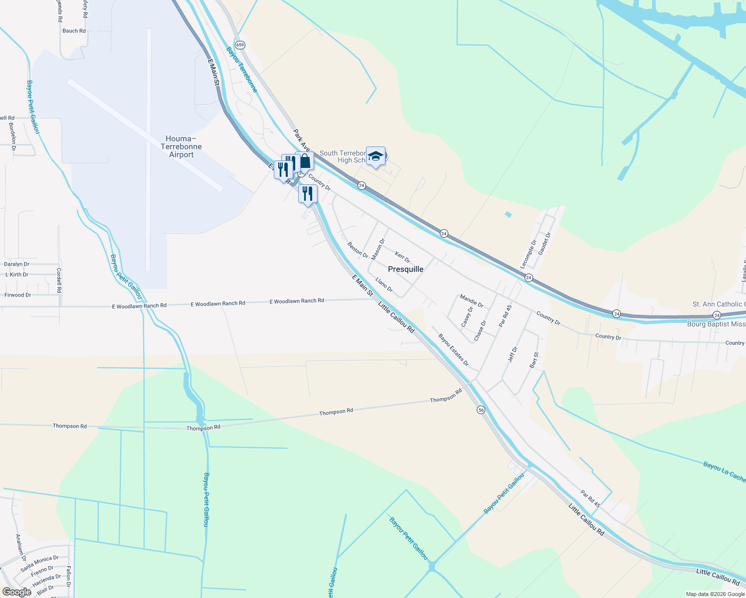 map of restaurants, bars, coffee shops, grocery stores, and more near 798 E Woodlawn Ranch Rd in Houma