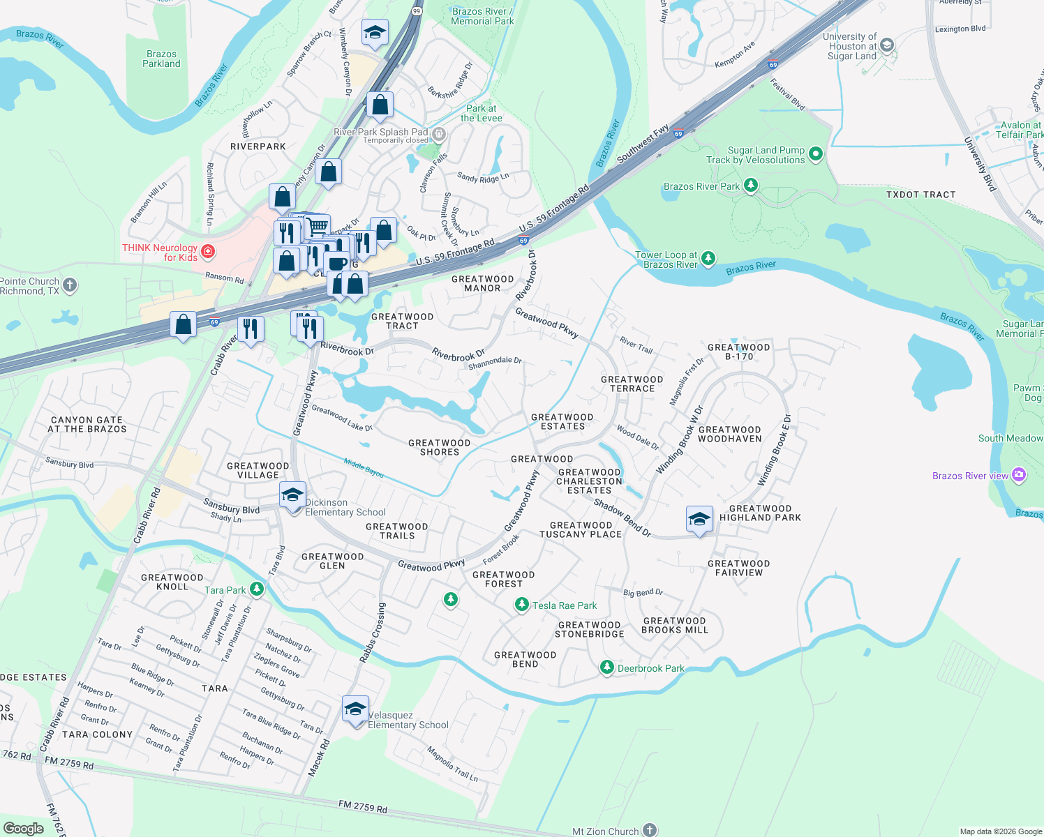 map of restaurants, bars, coffee shops, grocery stores, and more near 7638 Greatwood Lake Drive in Sugar Land