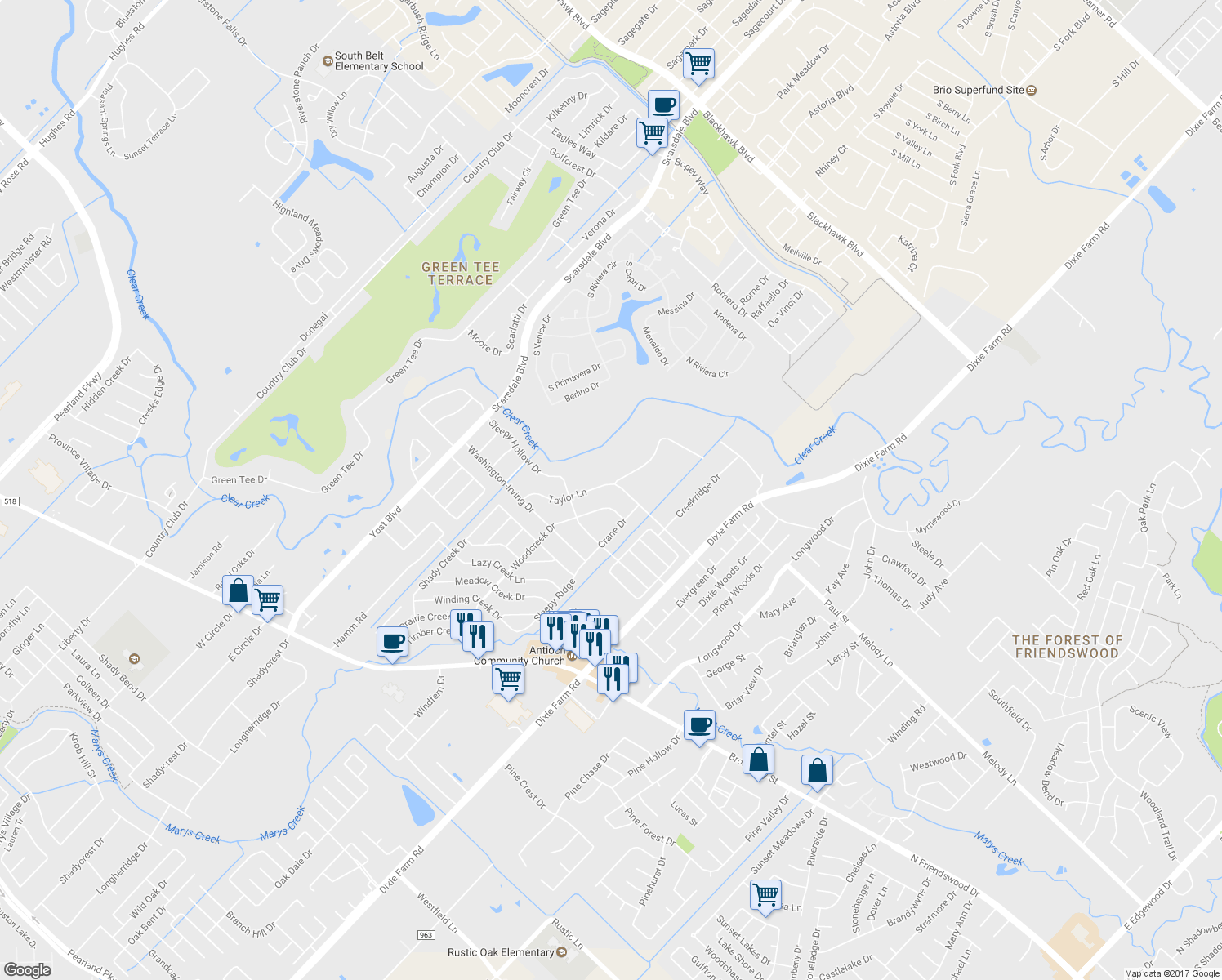 map of restaurants, bars, coffee shops, grocery stores, and more near 1810 McGinnis Drive in Pearland