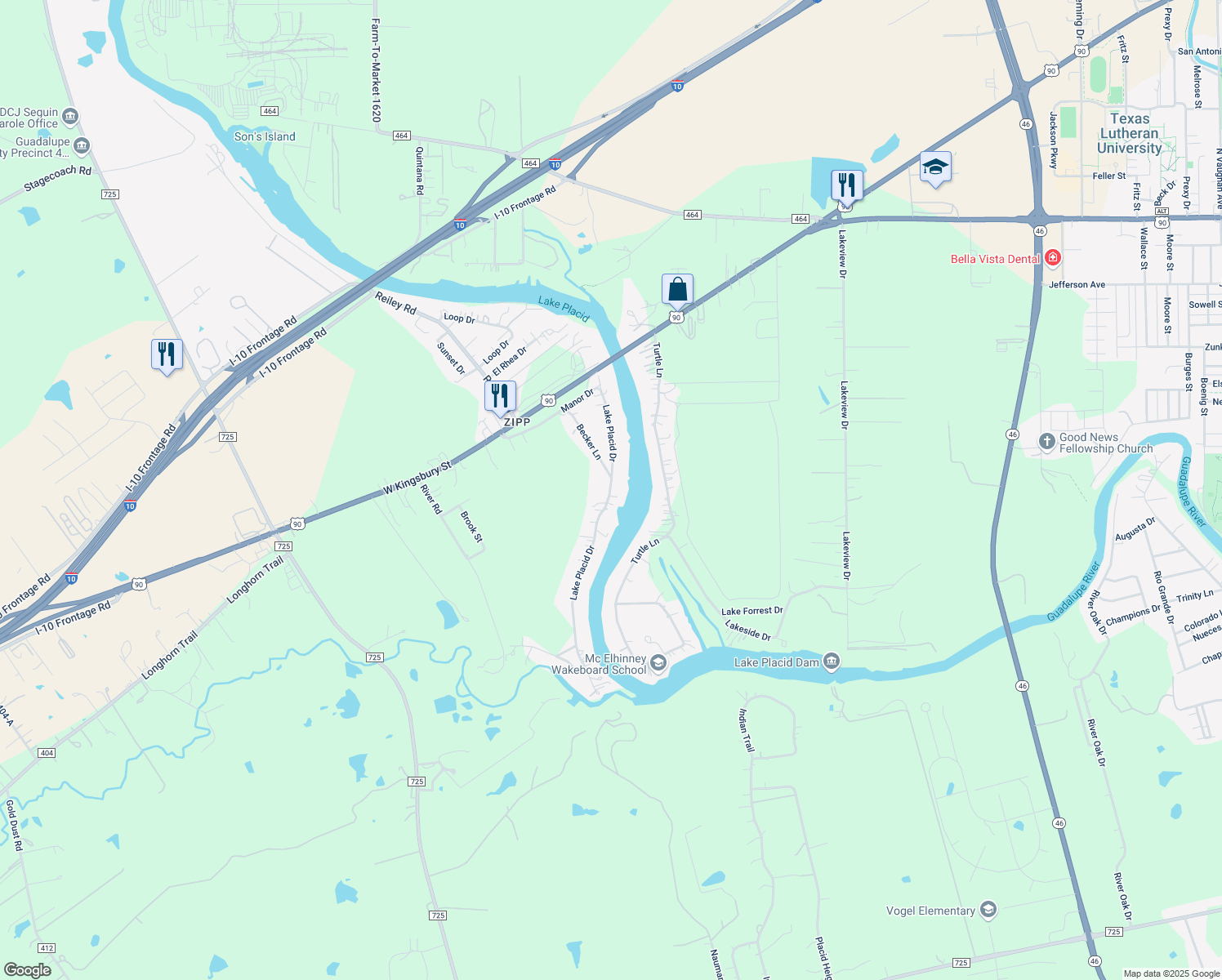 map of restaurants, bars, coffee shops, grocery stores, and more near 215 Lake Placid Drive in Seguin