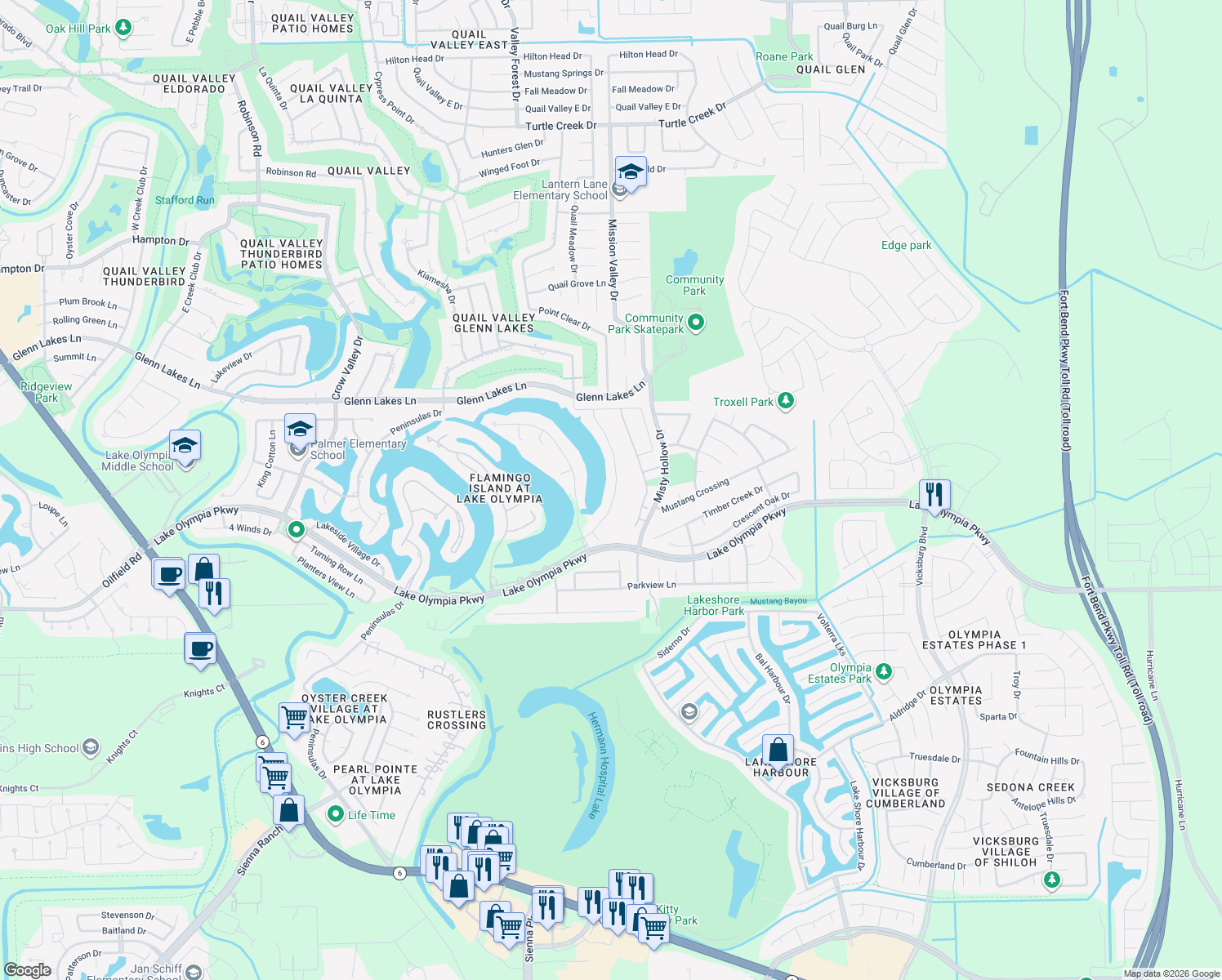 map of restaurants, bars, coffee shops, grocery stores, and more near 4314 Lakeshore Forest Drive in Missouri City
