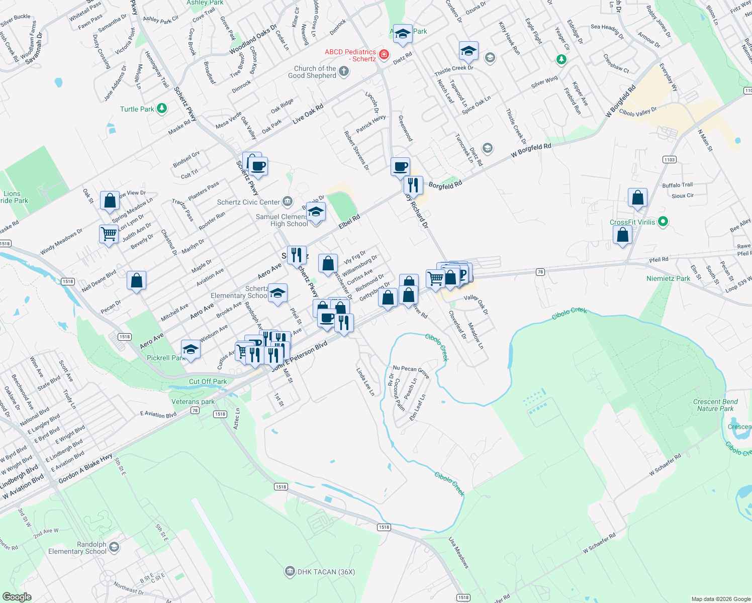 map of restaurants, bars, coffee shops, grocery stores, and more near 935 Beck Street in Schertz