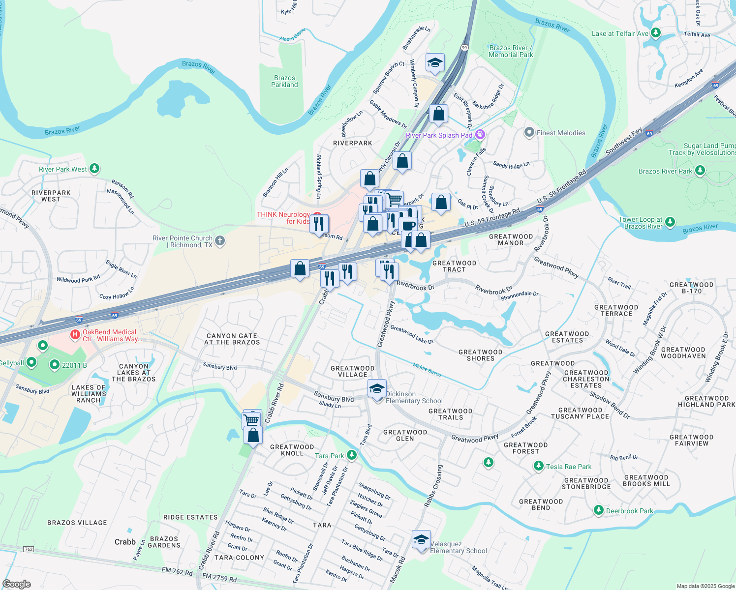map of restaurants, bars, coffee shops, grocery stores, and more near 1850 Teal Brook Lane in Sugar Land