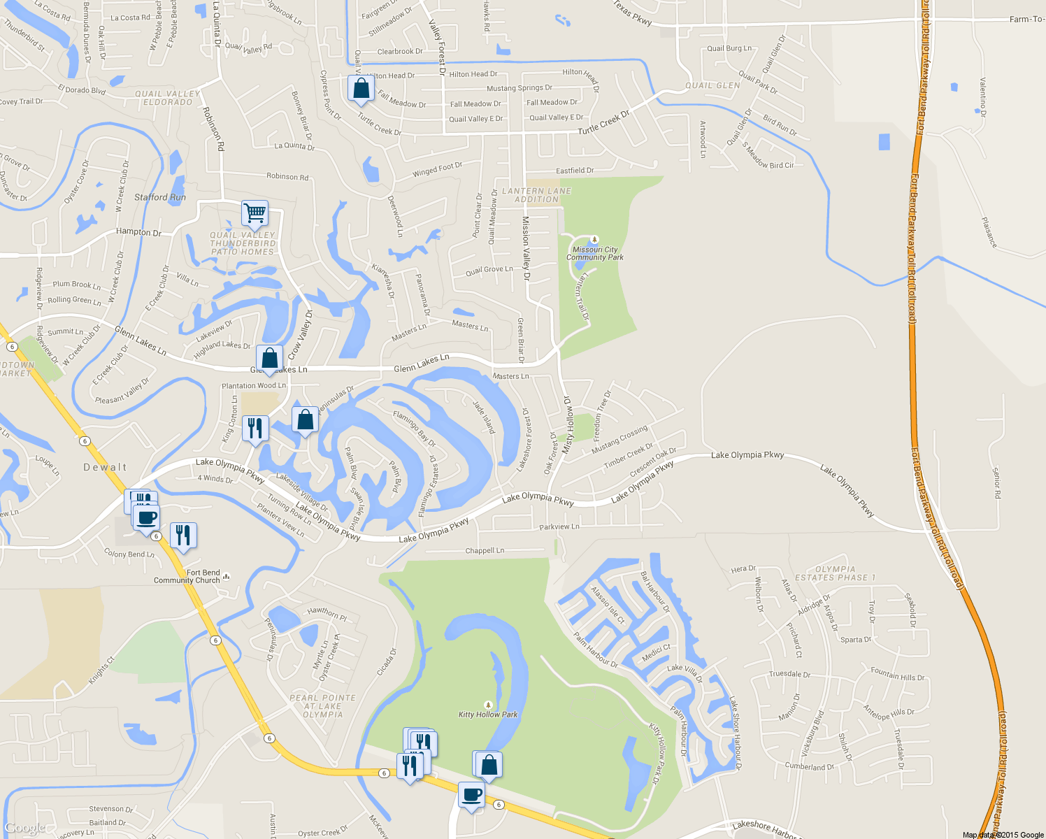 map of restaurants, bars, coffee shops, grocery stores, and more near 4226 Lakeshore Forest Drive in Missouri City