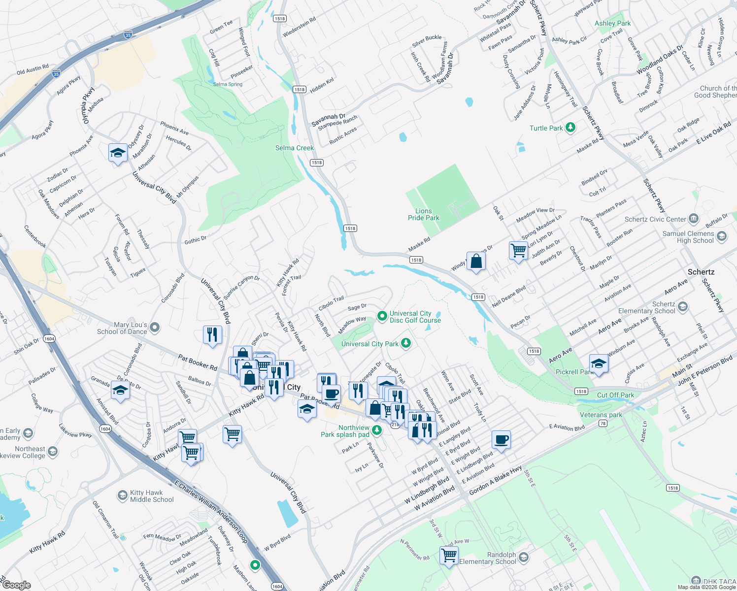 map of restaurants, bars, coffee shops, grocery stores, and more near 1259 Cibolo Trail in Universal City
