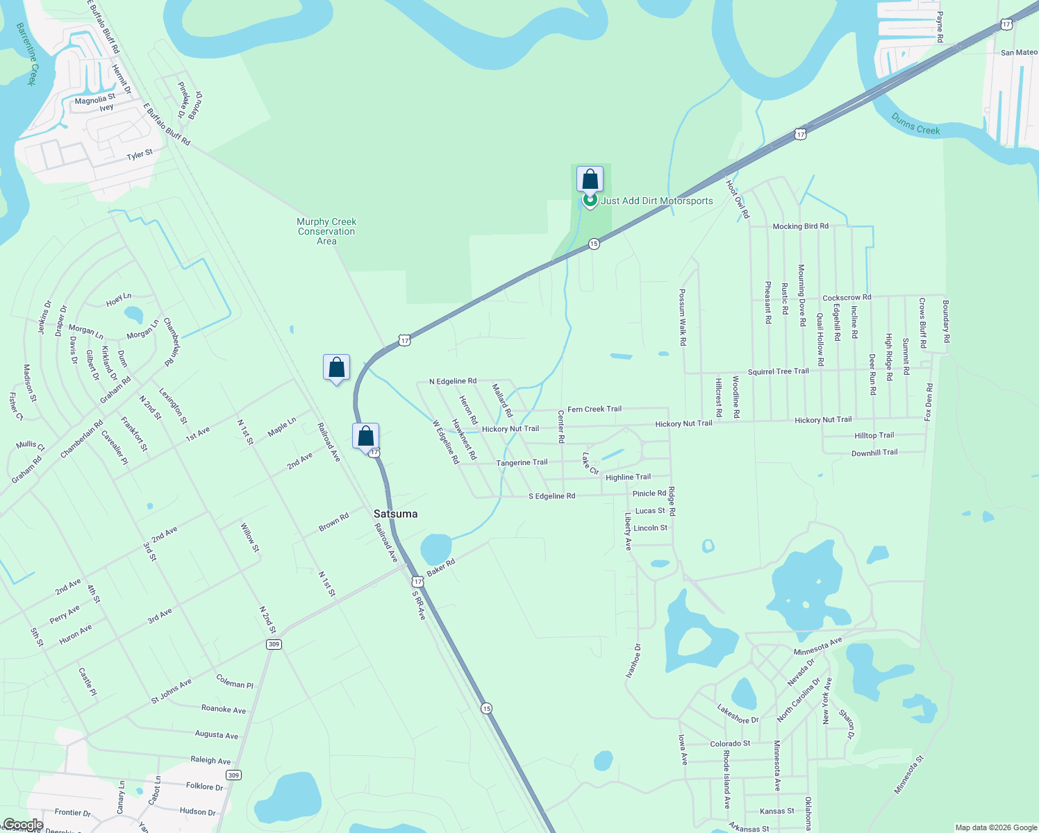 map of restaurants, bars, coffee shops, grocery stores, and more near 319 Fern Creek Trail in Satsuma