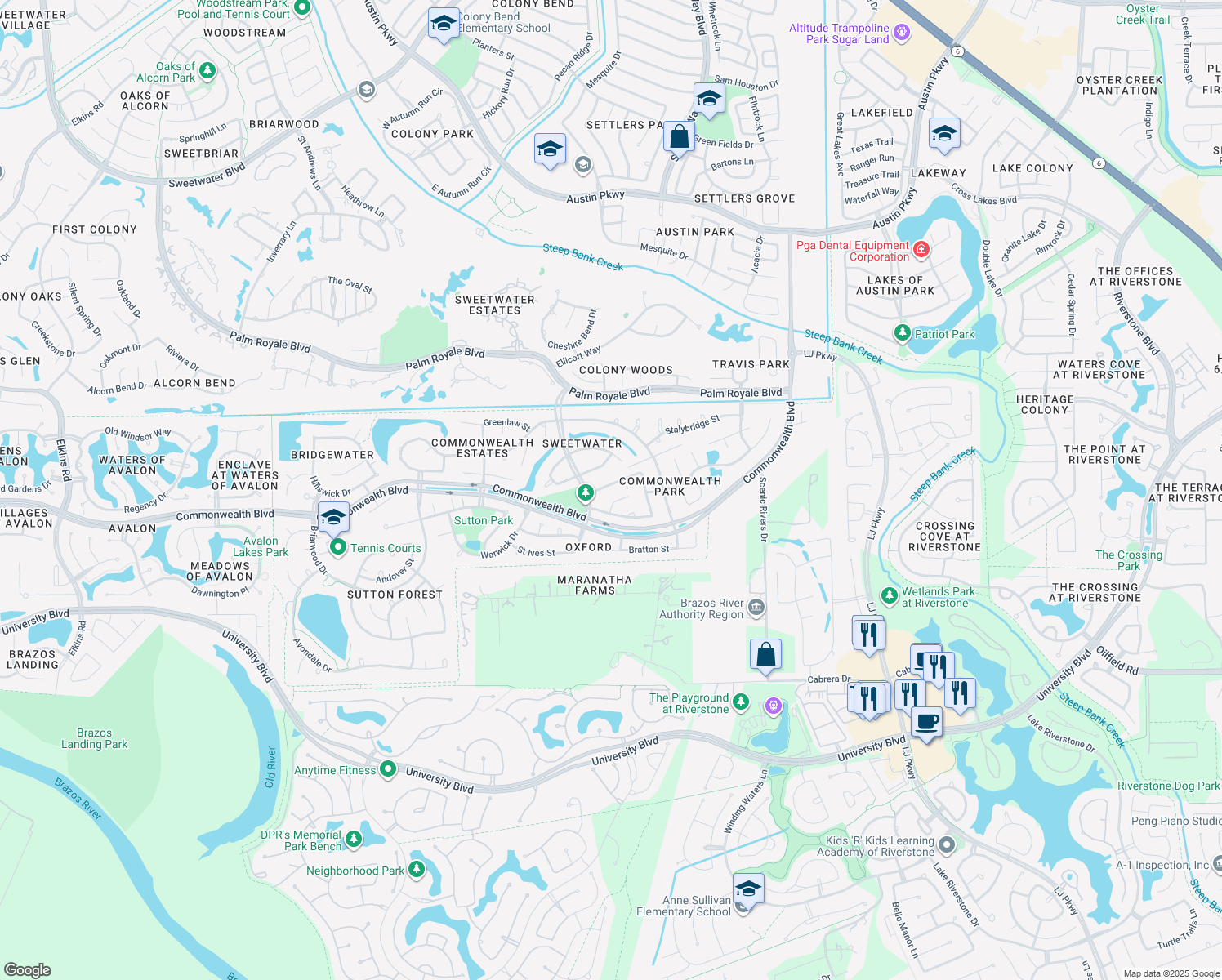 map of restaurants, bars, coffee shops, grocery stores, and more near 81 Bradford Circle in Sugar Land