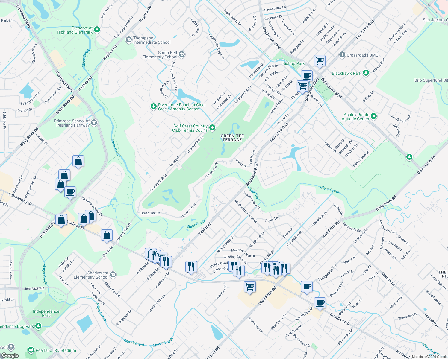 map of restaurants, bars, coffee shops, grocery stores, and more near 2610 Sleepy Hollow Dr in Pearland