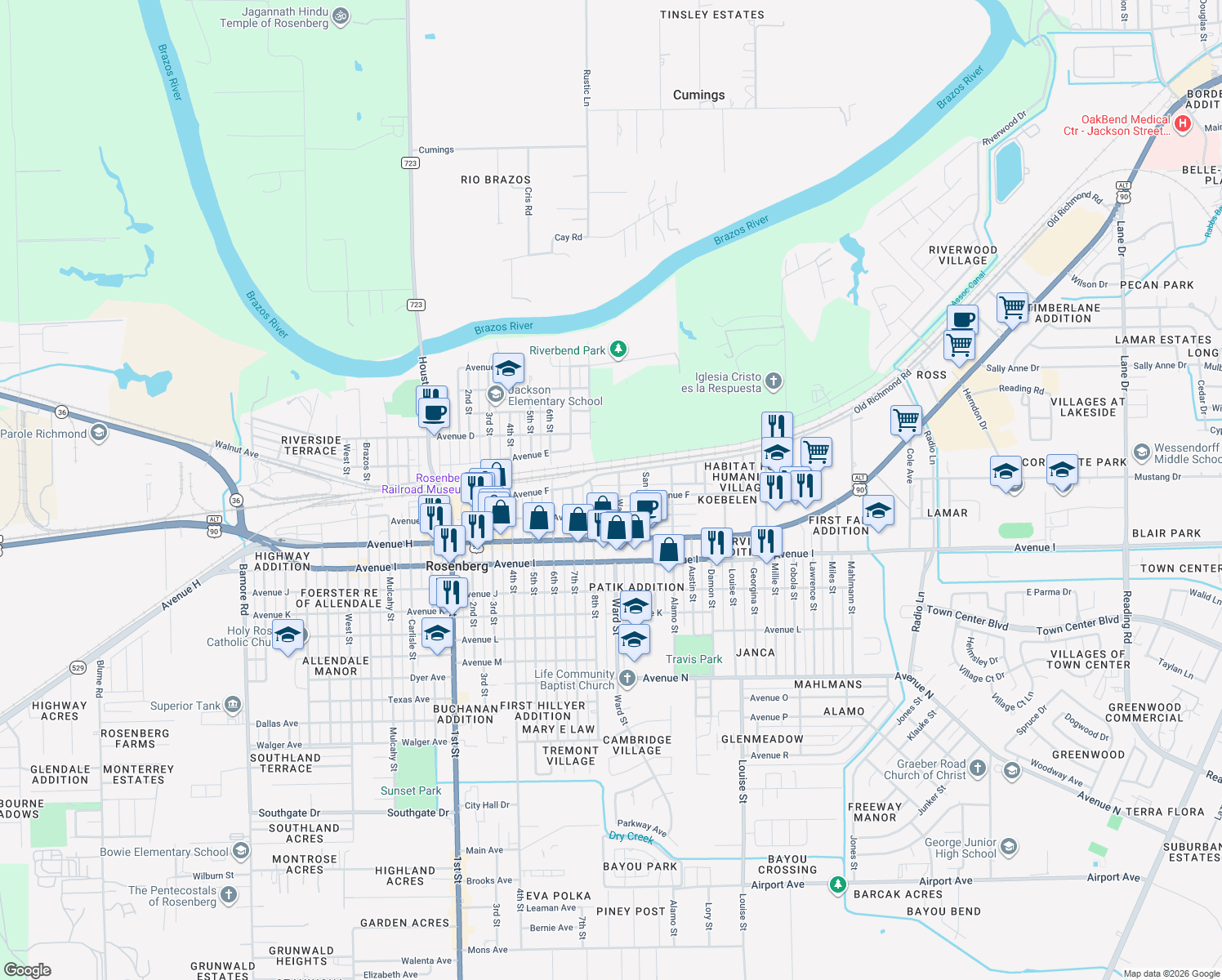 map of restaurants, bars, coffee shops, grocery stores, and more near 2523 Avenue F in Rosenberg