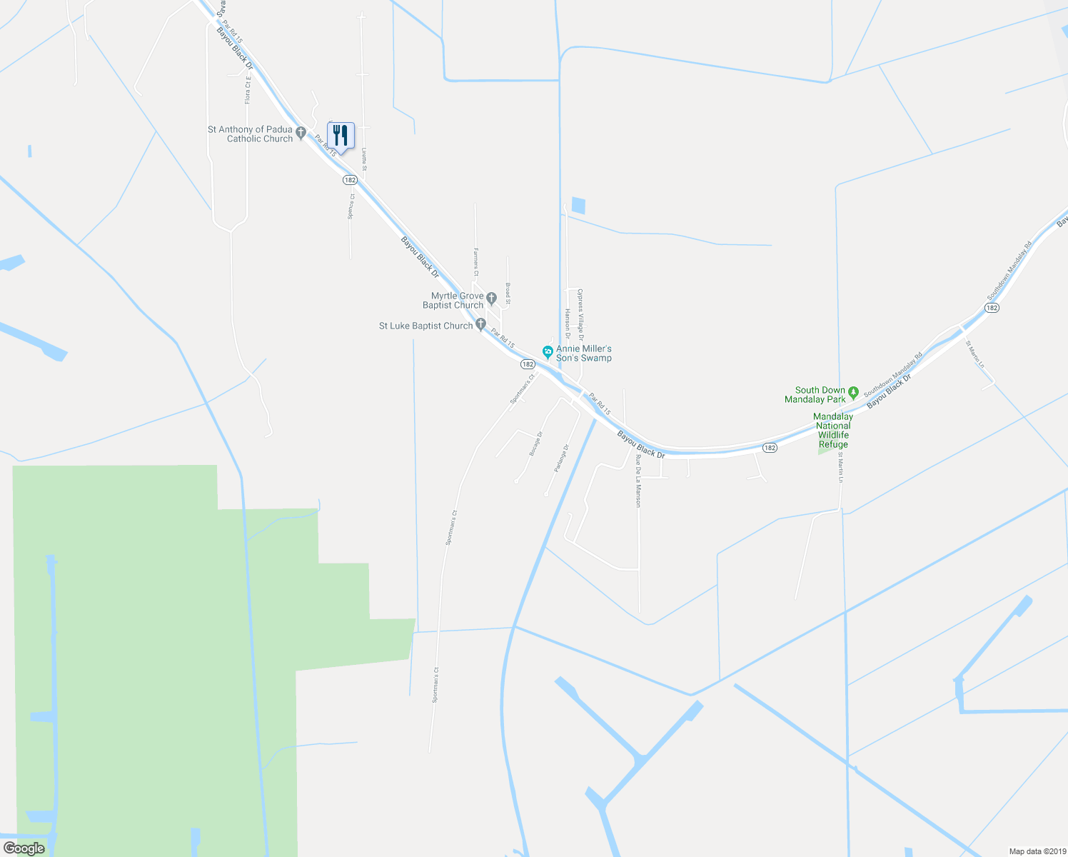 map of restaurants, bars, coffee shops, grocery stores, and more near 114 Bocage Drive in Houma