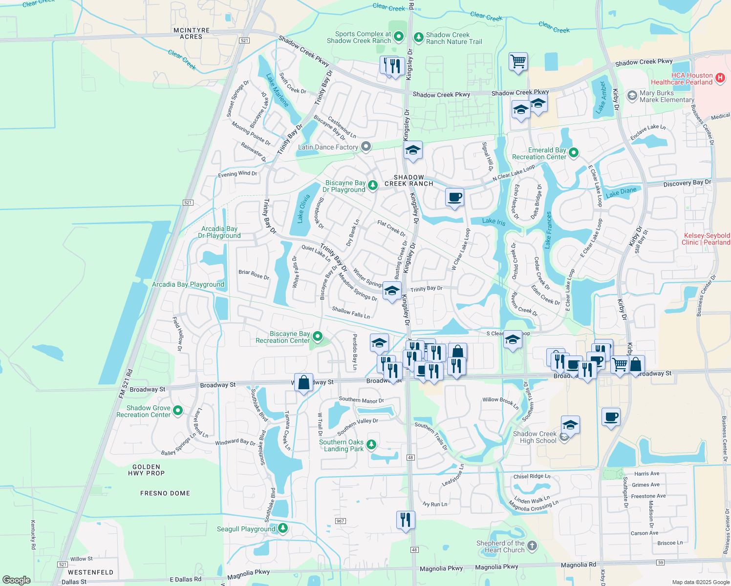 map of restaurants, bars, coffee shops, grocery stores, and more near 12915 Meadow Springs Drive in Pearland