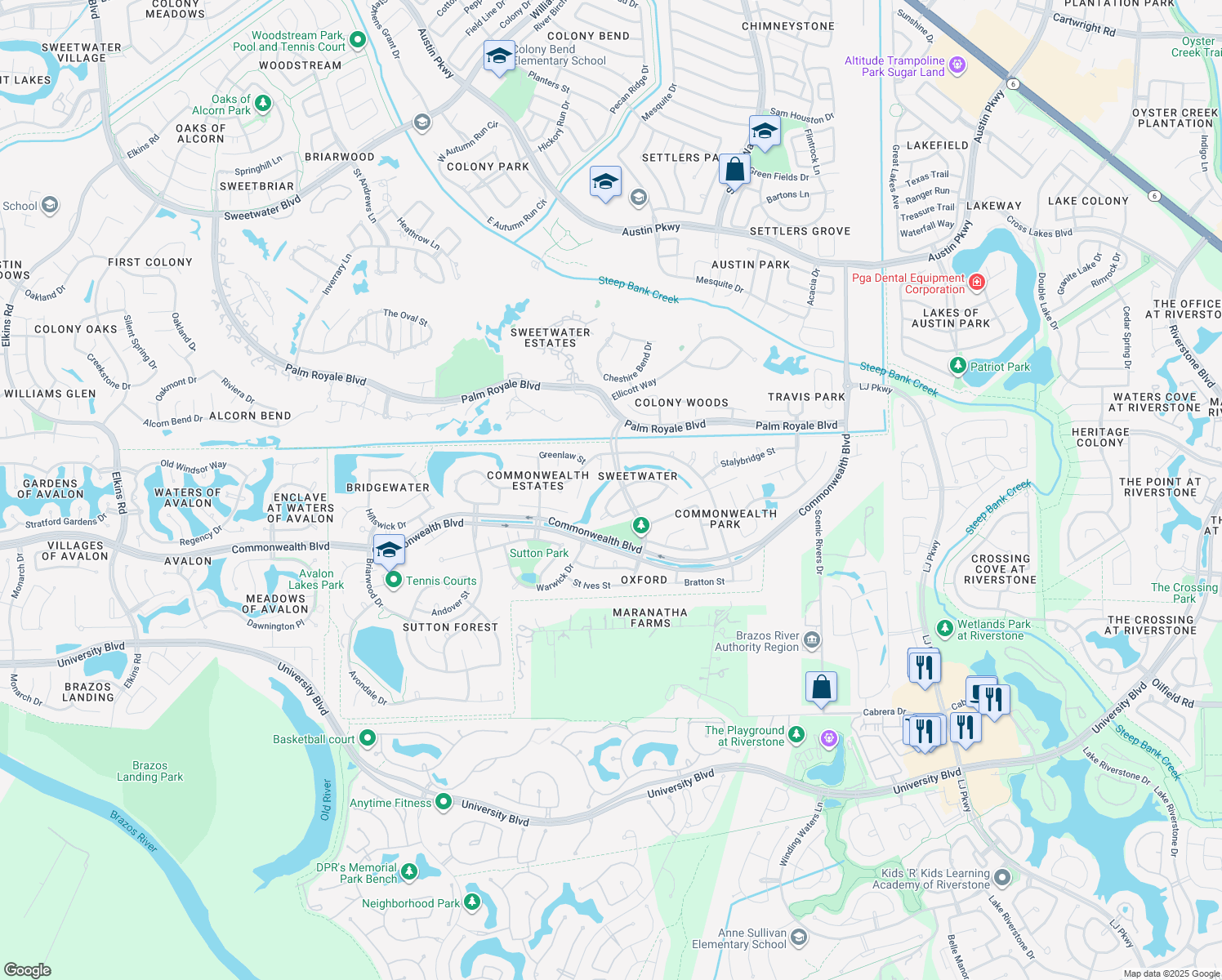 map of restaurants, bars, coffee shops, grocery stores, and more near 66 Hessenford Street in Sugar Land