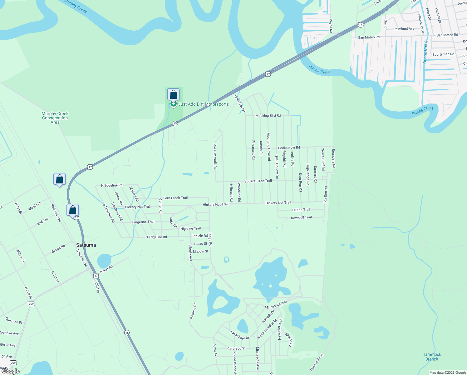 map of restaurants, bars, coffee shops, grocery stores, and more near 104 Hillcrest Road in Satsuma