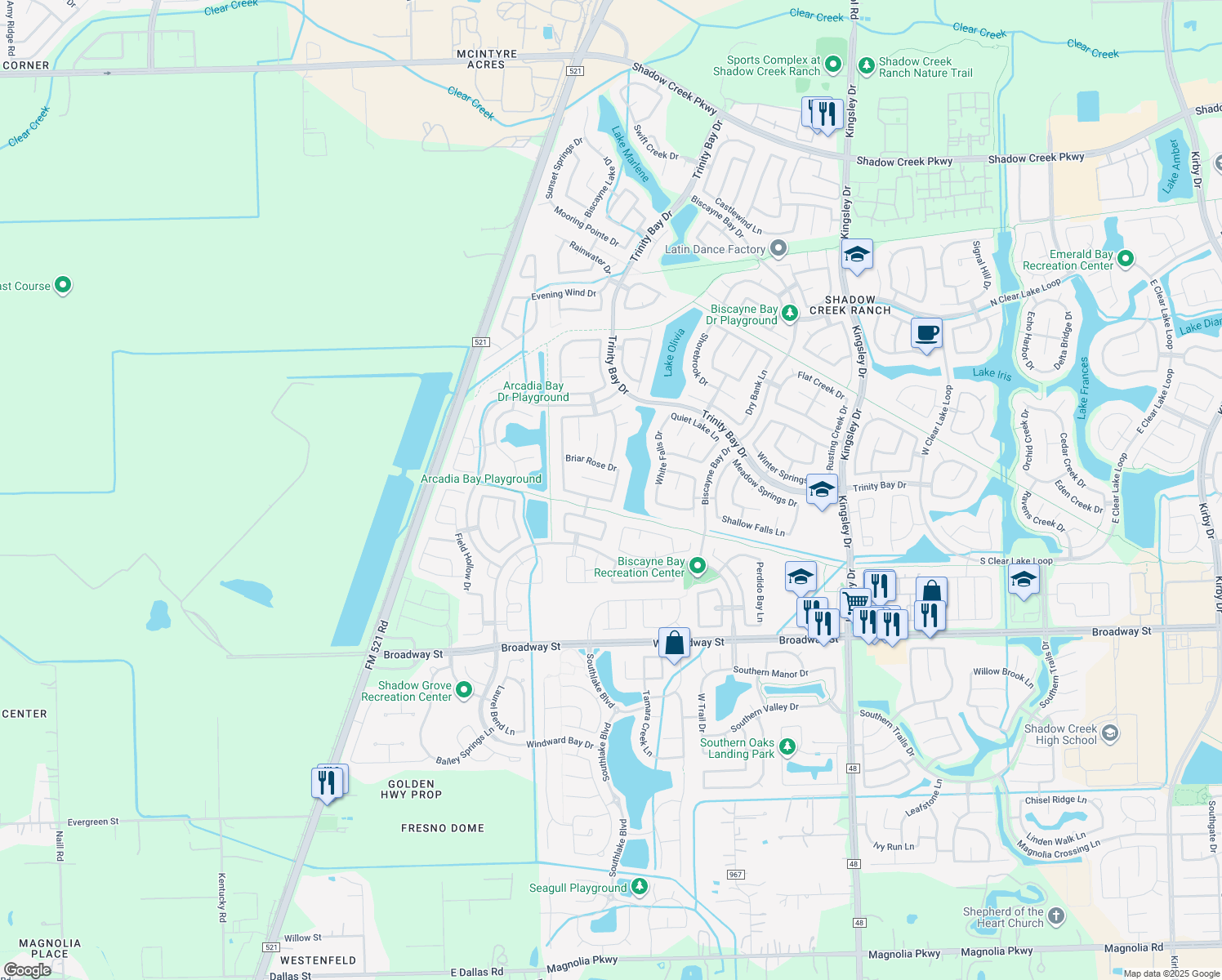 map of restaurants, bars, coffee shops, grocery stores, and more near 13502 Wild Lilac Court in Pearland