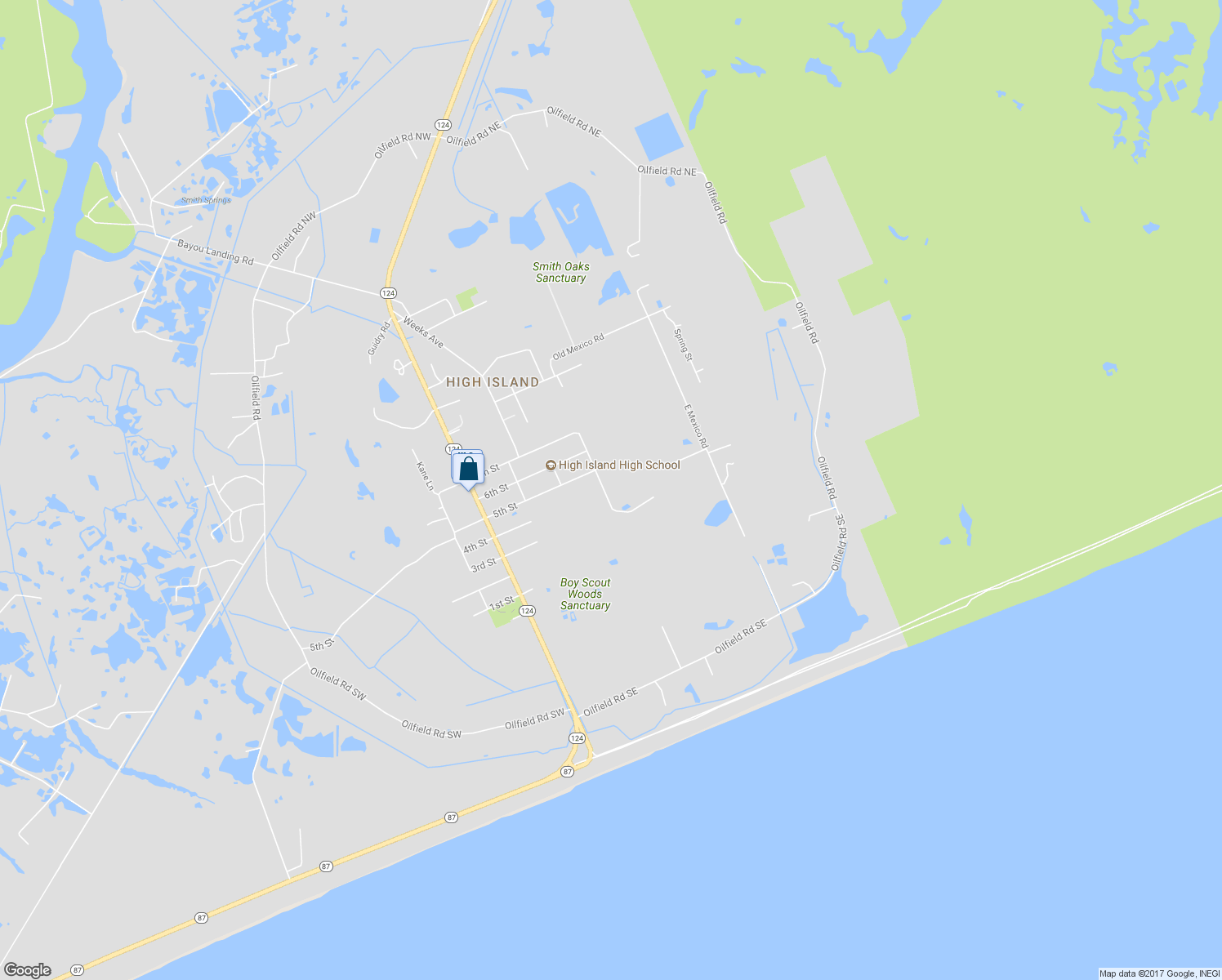 map of restaurants, bars, coffee shops, grocery stores, and more near 1212 High School Road in Bolivar Peninsula