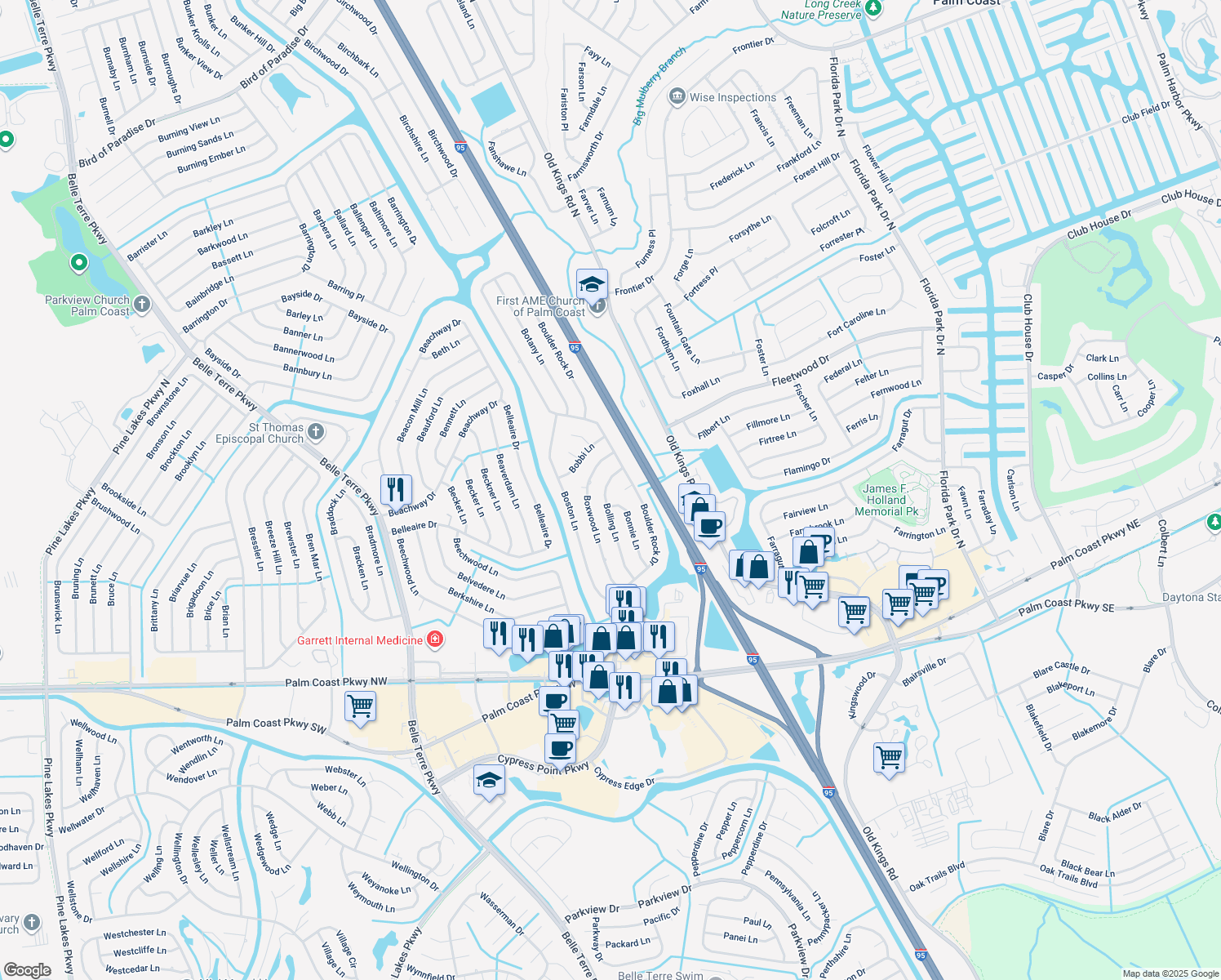map of restaurants, bars, coffee shops, grocery stores, and more near 38 Bolling Lane in Palm Coast