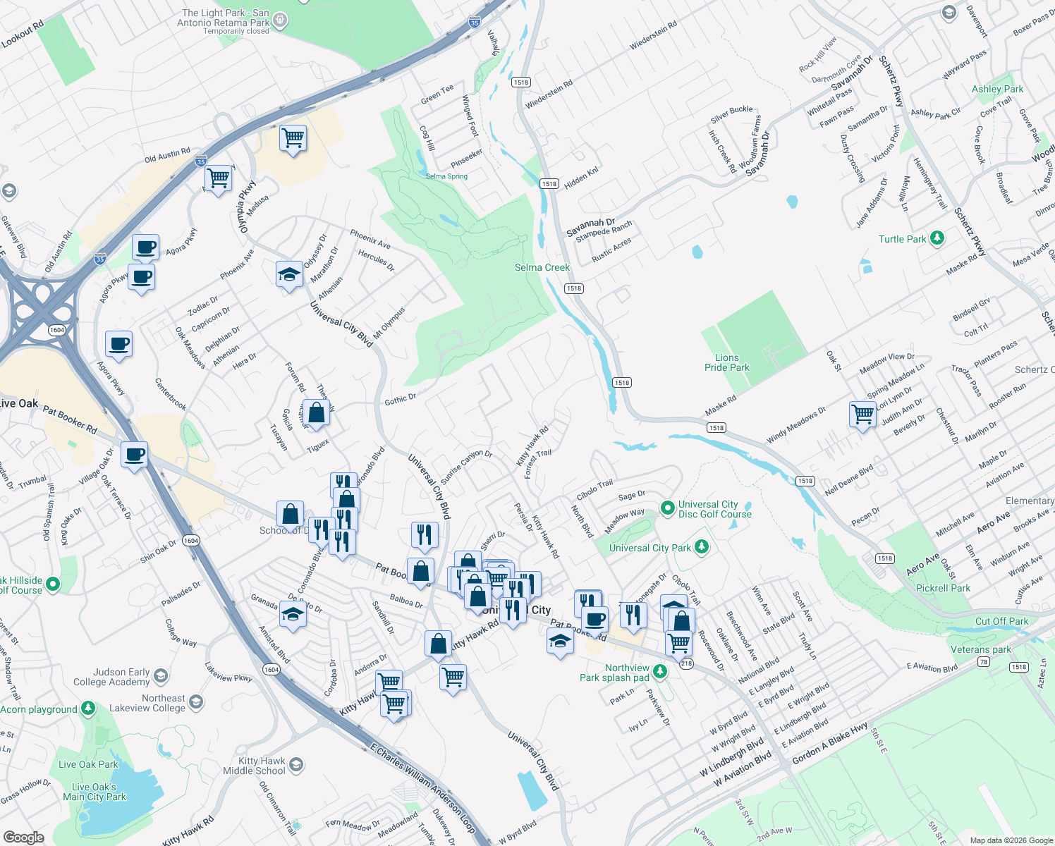 map of restaurants, bars, coffee shops, grocery stores, and more near 133 Kitty Hawk Rd in Universal City