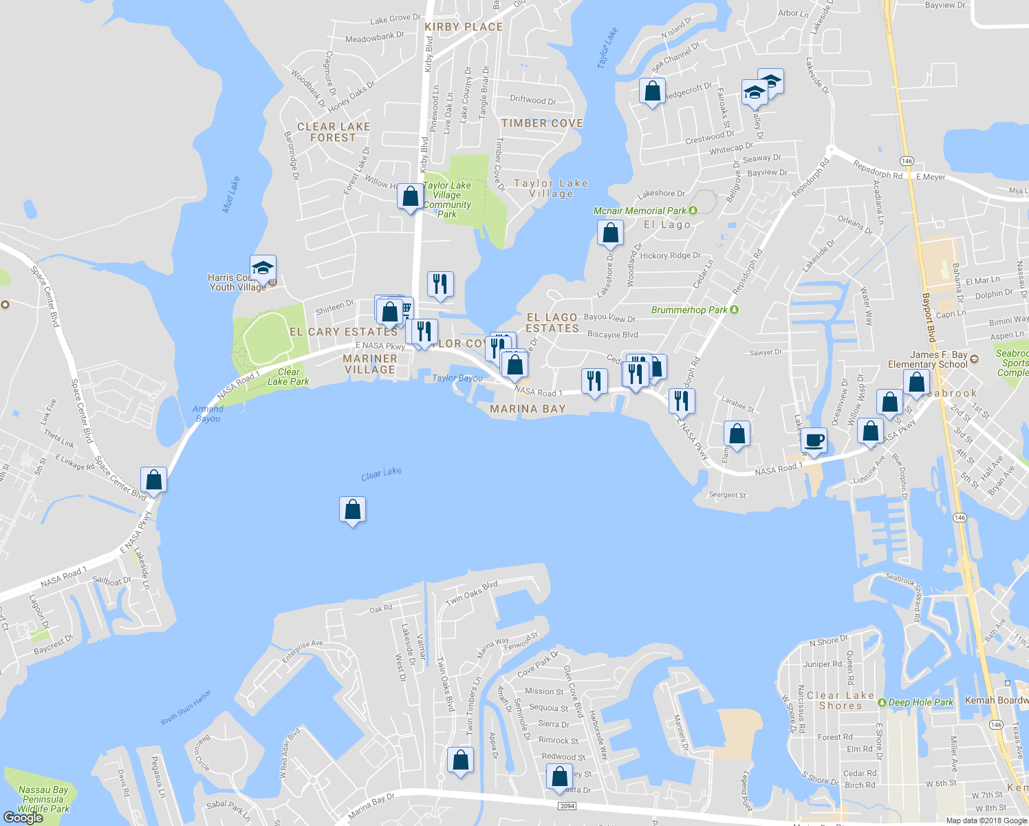 map of restaurants, bars, coffee shops, grocery stores, and more near 100 Yacht Club Lane in Seabrook