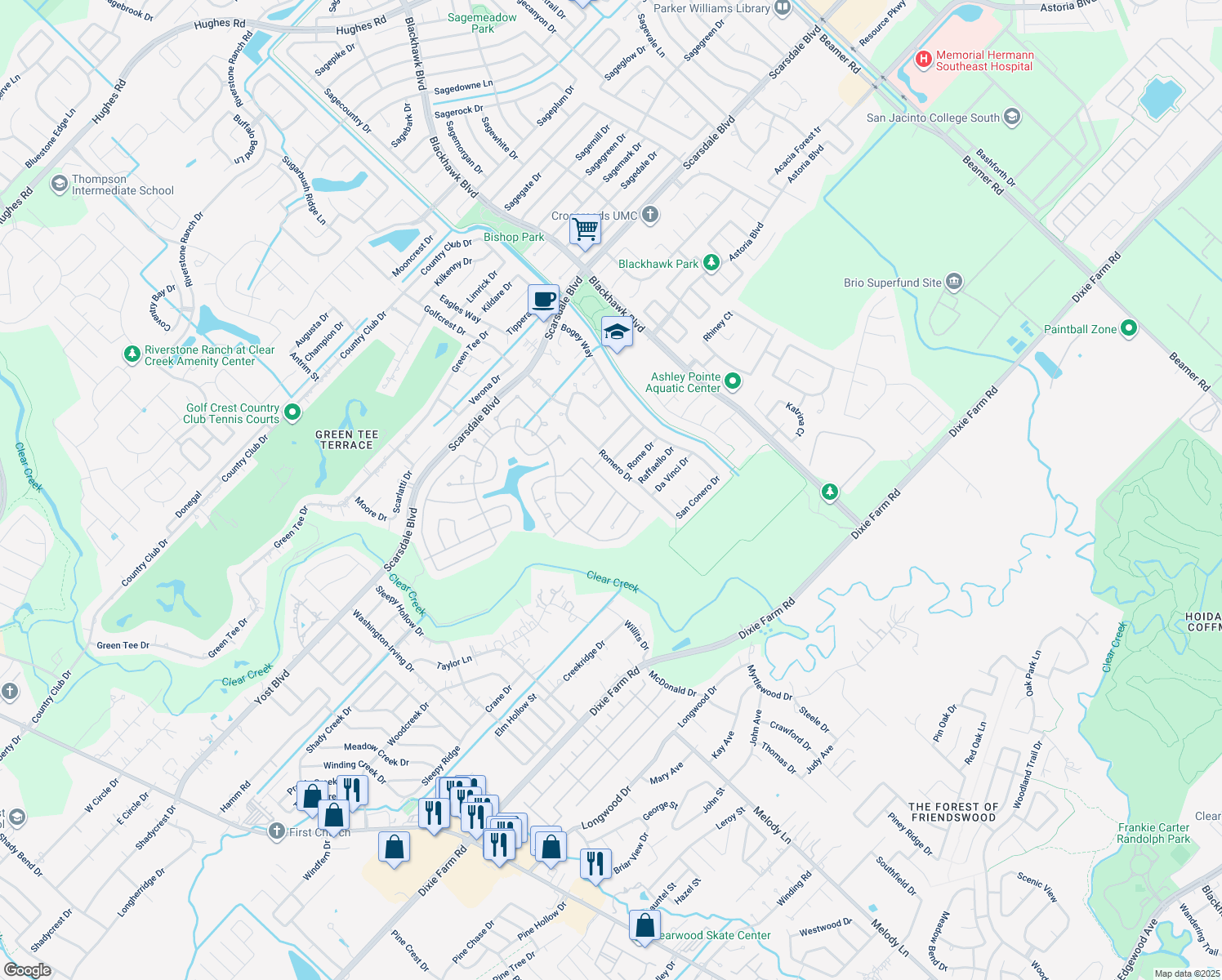 map of restaurants, bars, coffee shops, grocery stores, and more near 2402 Alamanni Drive in Pearland