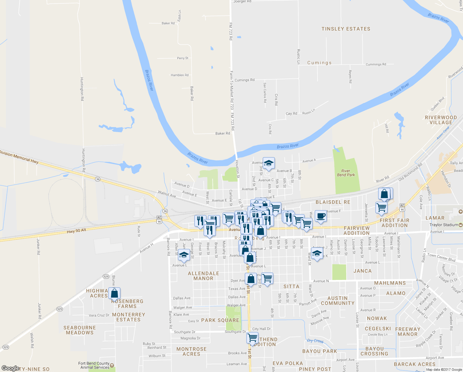 map of restaurants, bars, coffee shops, grocery stores, and more near 1601 Avenue D in Rosenberg