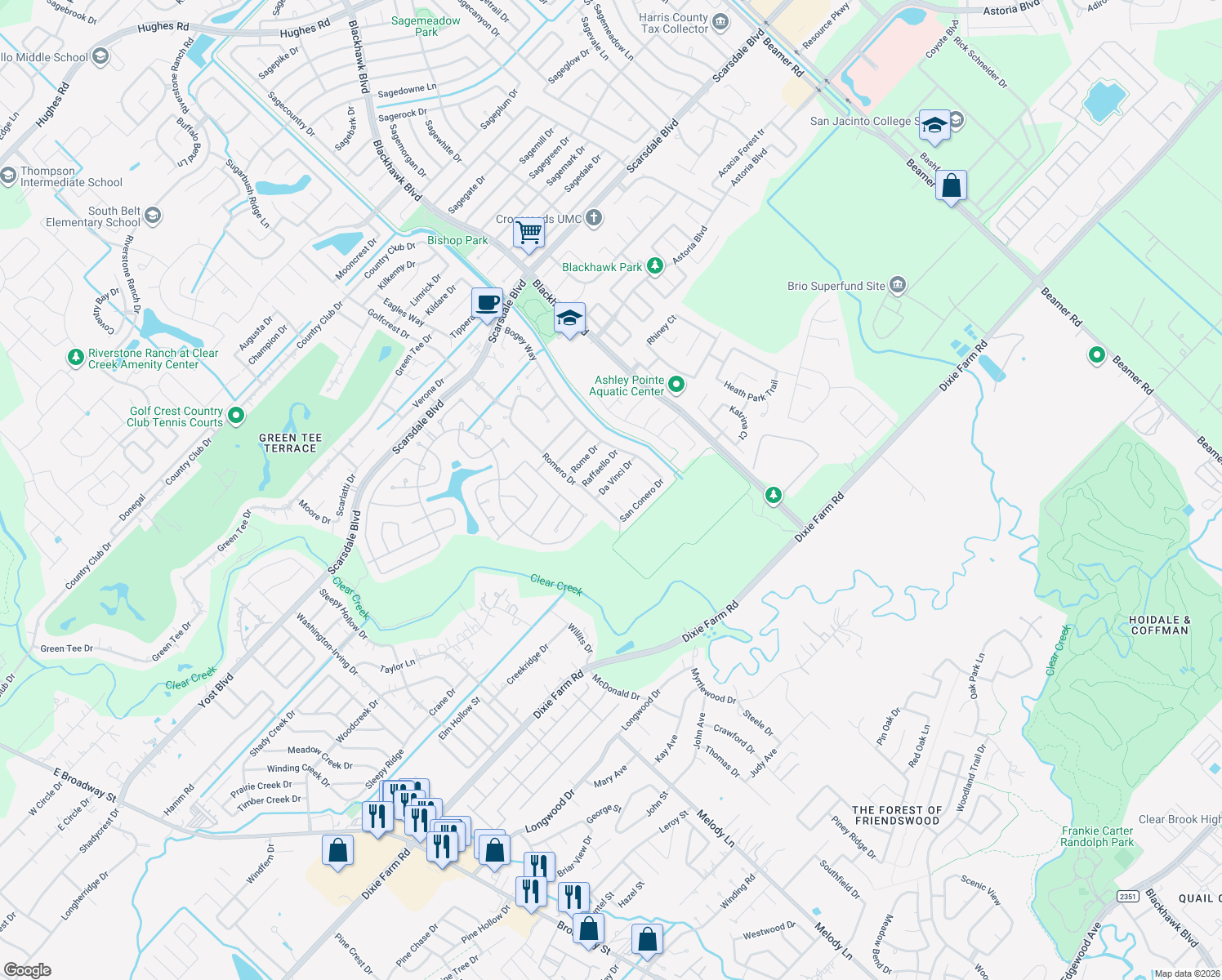 map of restaurants, bars, coffee shops, grocery stores, and more near 2319 Da Vinci Drive in Pearland