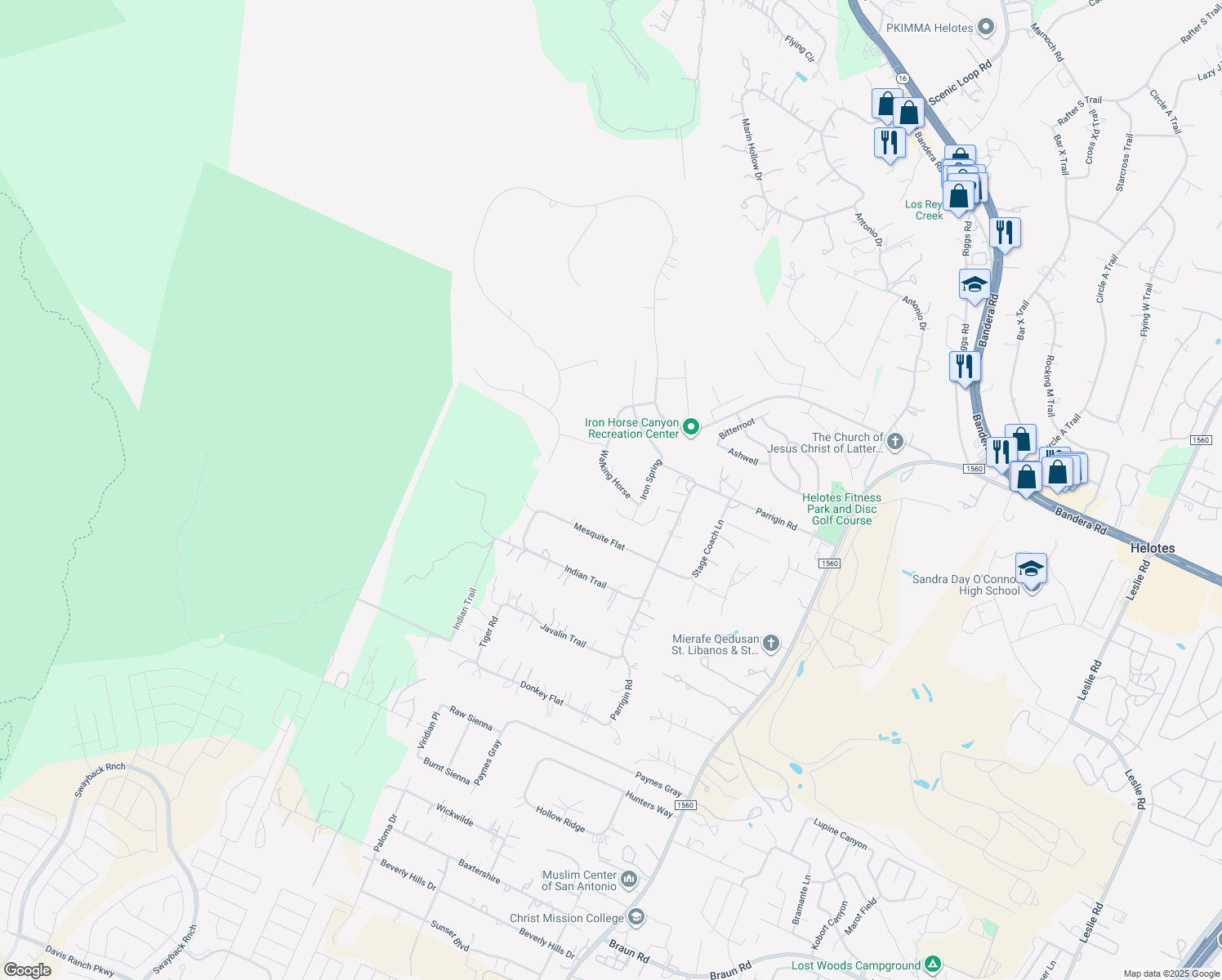map of restaurants, bars, coffee shops, grocery stores, and more near 12931 Walking Horse in Helotes