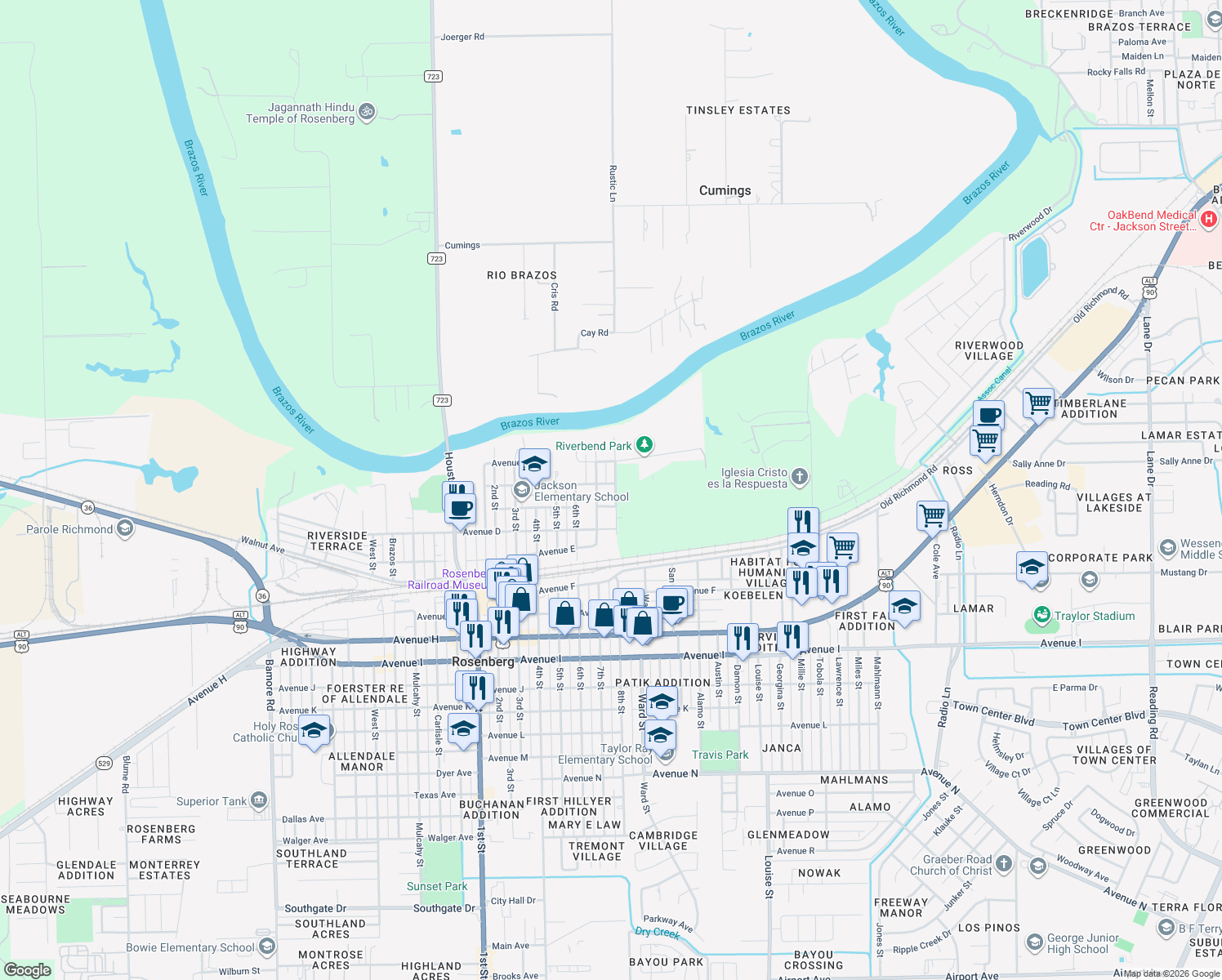 map of restaurants, bars, coffee shops, grocery stores, and more near 306 8th St in Rosenberg